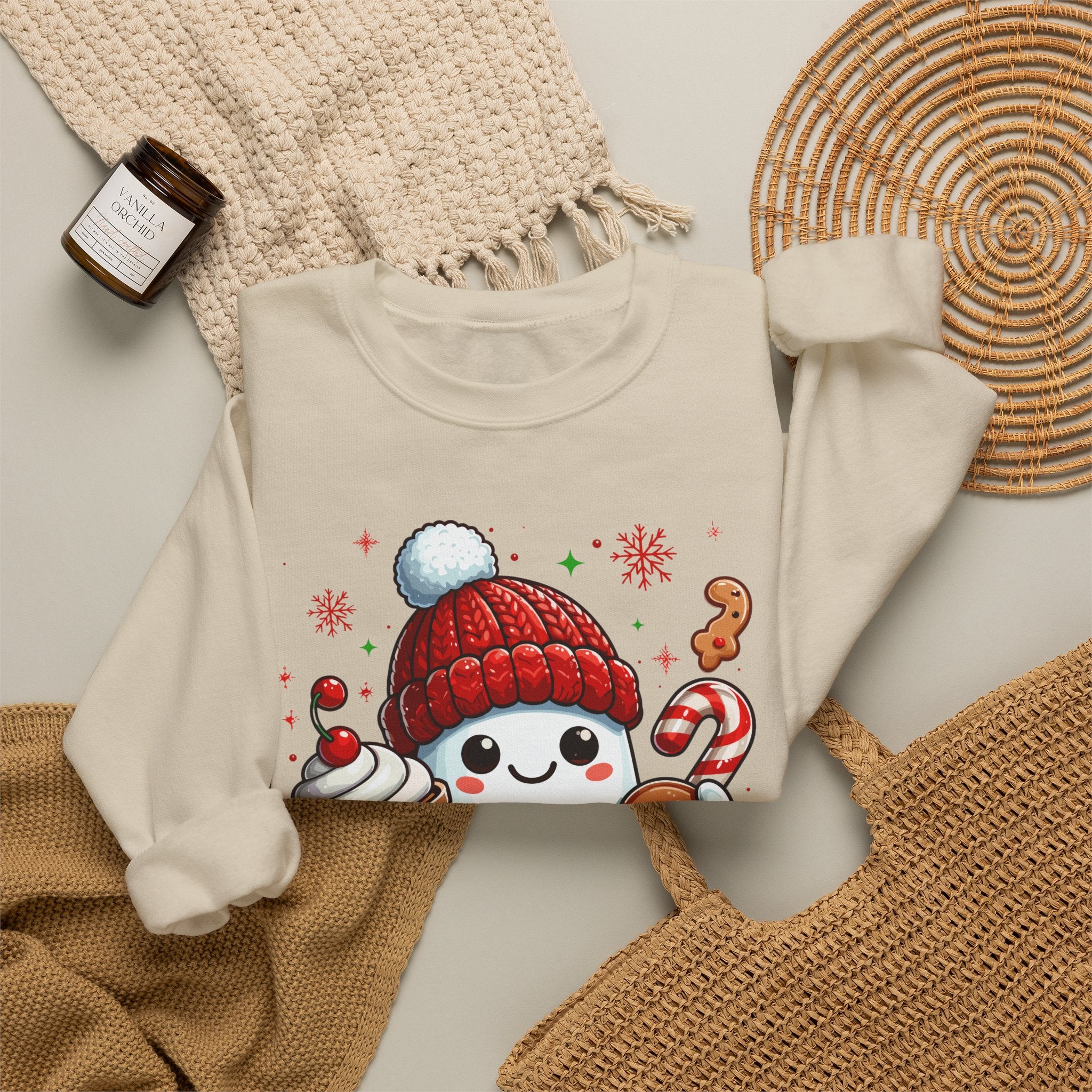 Holiday Marshmallow Character Sweatshirt — Cute Snowman with Gingerbread & Hot Cocoa