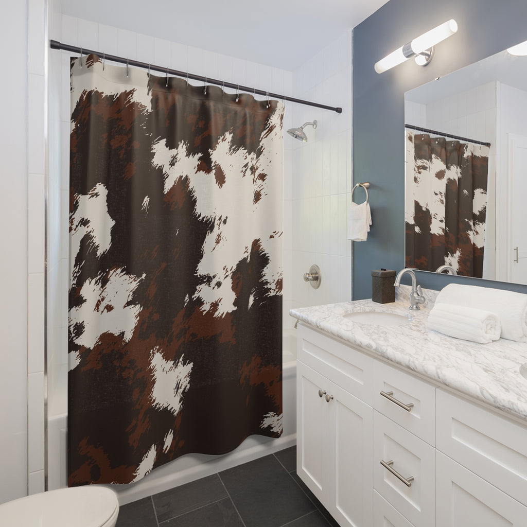 Cowhide Pattern Shower Curtain — Rustic Brown & White Bathroom Decor