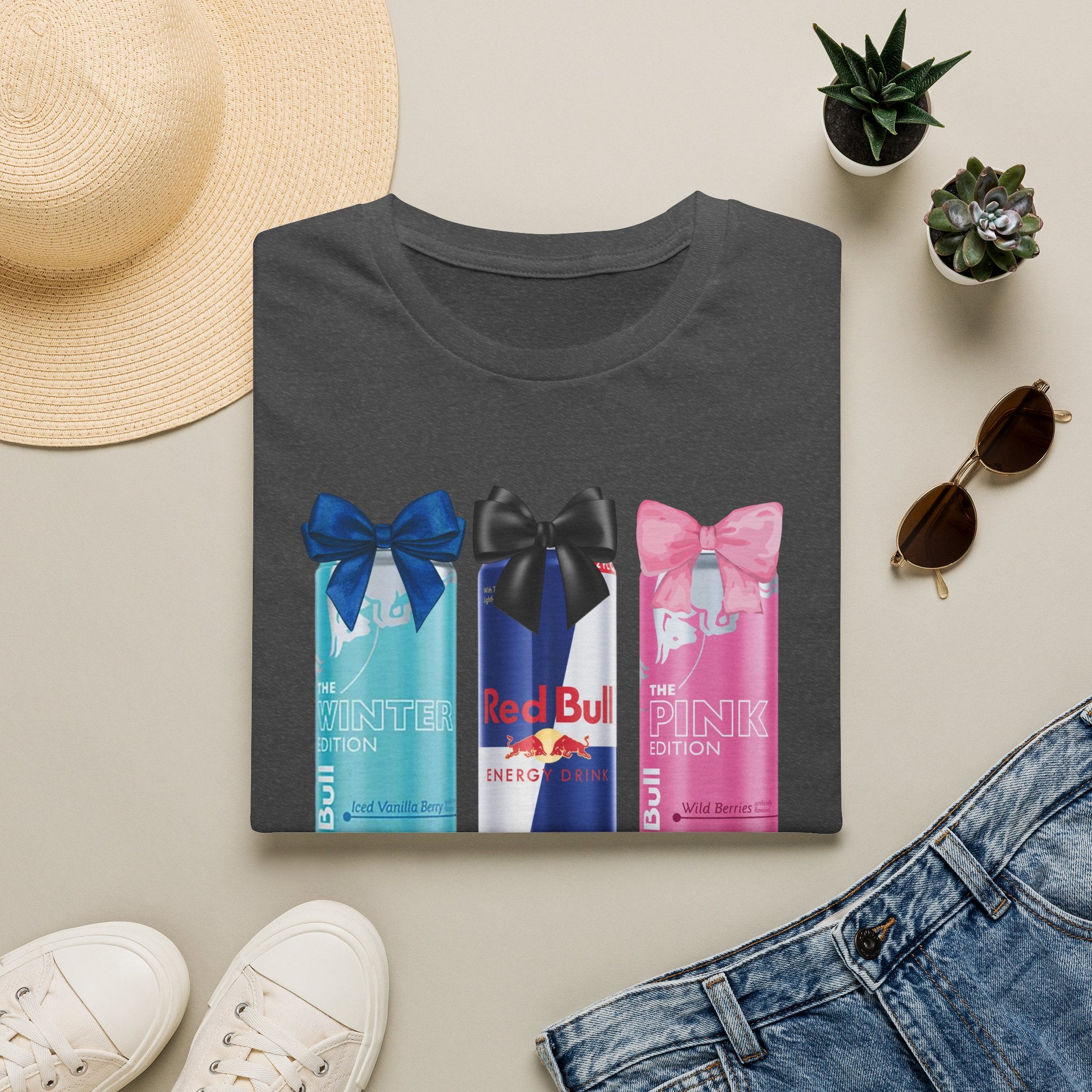 Red Bull Cans Graphic T-Shirt — “First I Need Red Bull” Energy Drink Tee