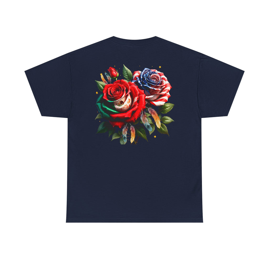 American & Italian Flag Tee with Vintage Rose Back — Patriotic Floral T-Shirt