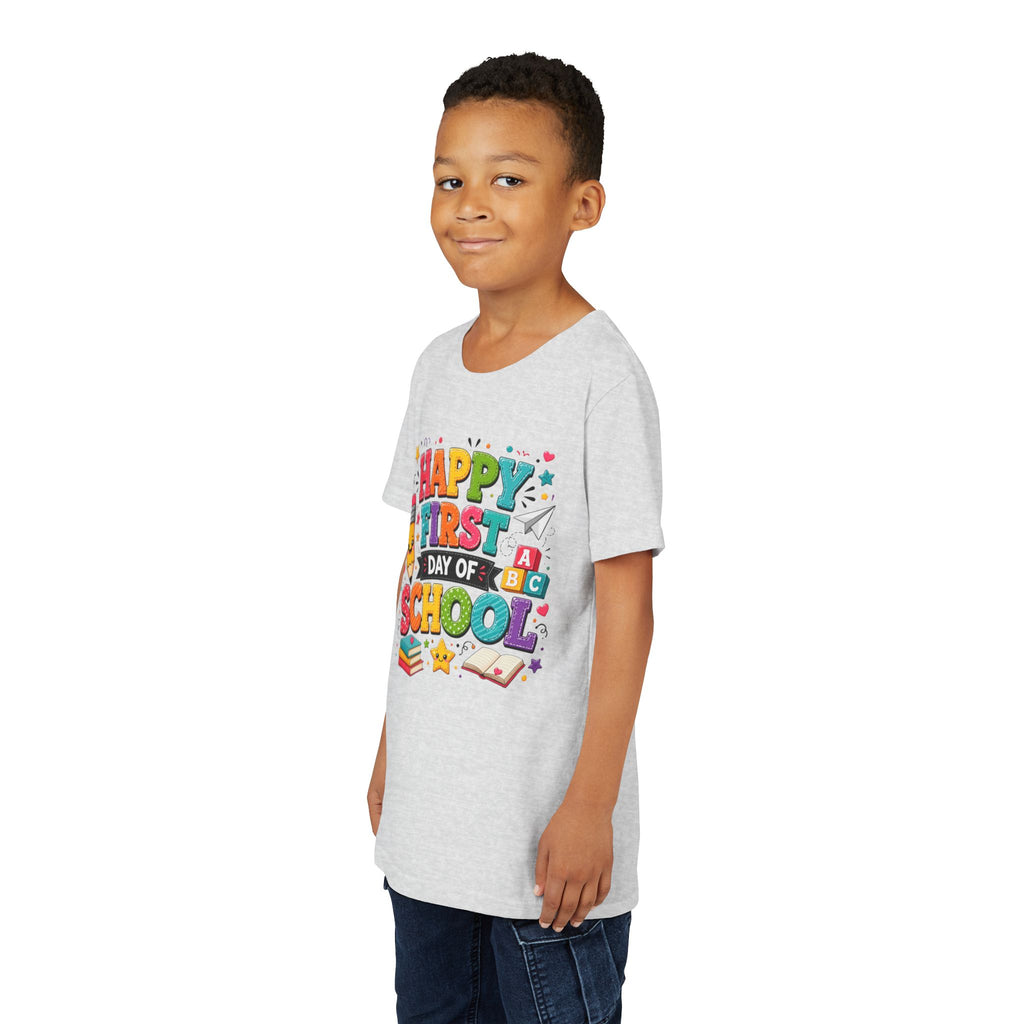 Youth Tee — "Happy First Day of School" Back-to-School Graphic Shirt