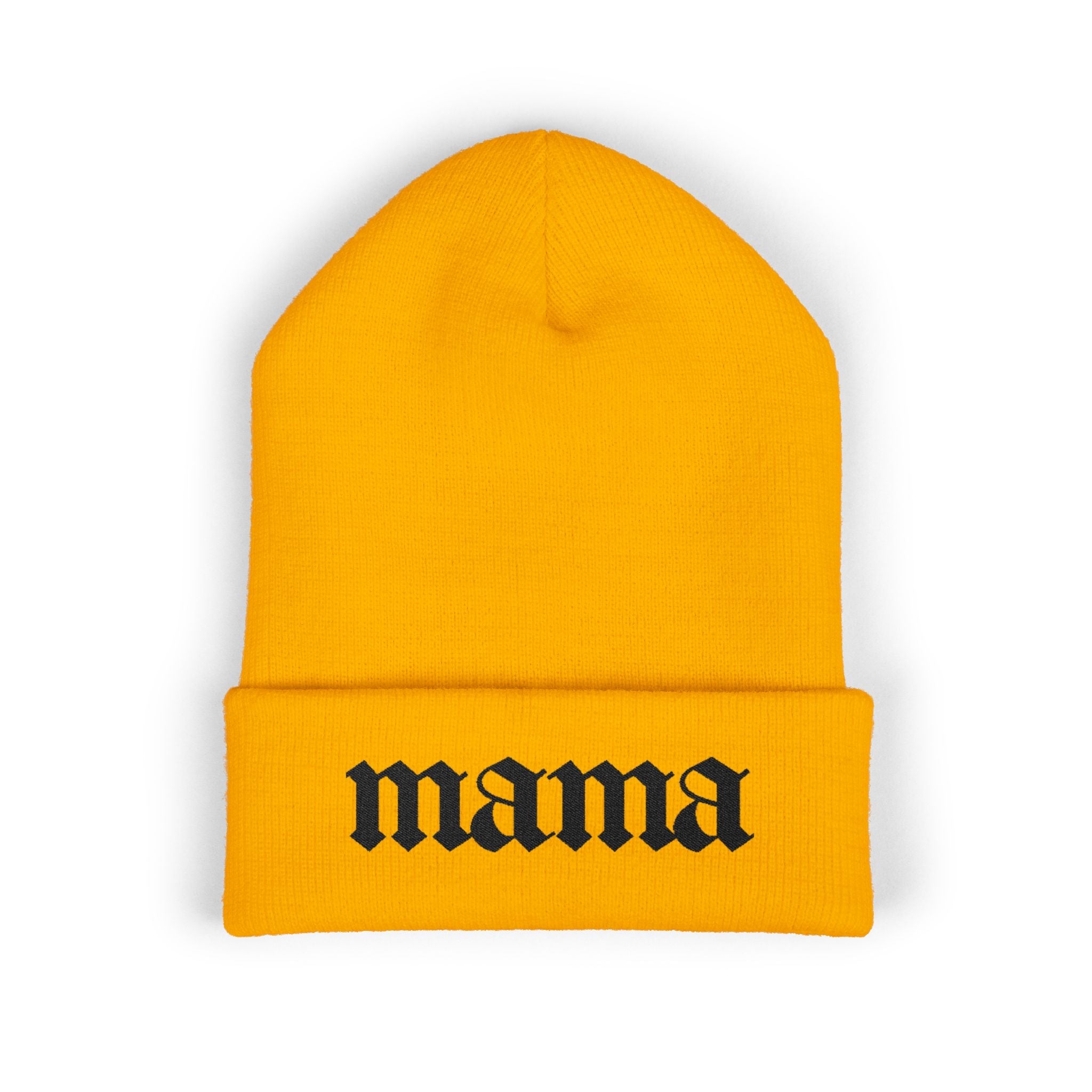 Mama Embroidered Cuffed Beanie — Gothic Script Knit Hat for Moms