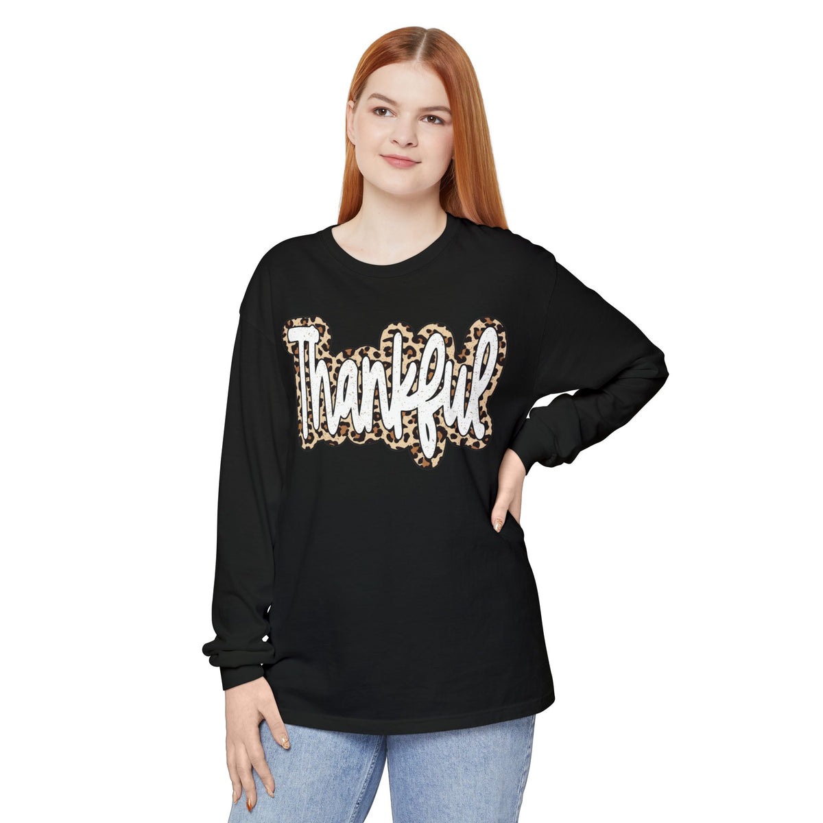 Thankful Leopard Print Long Sleeve T-Shirt | Thanksgiving Fall
