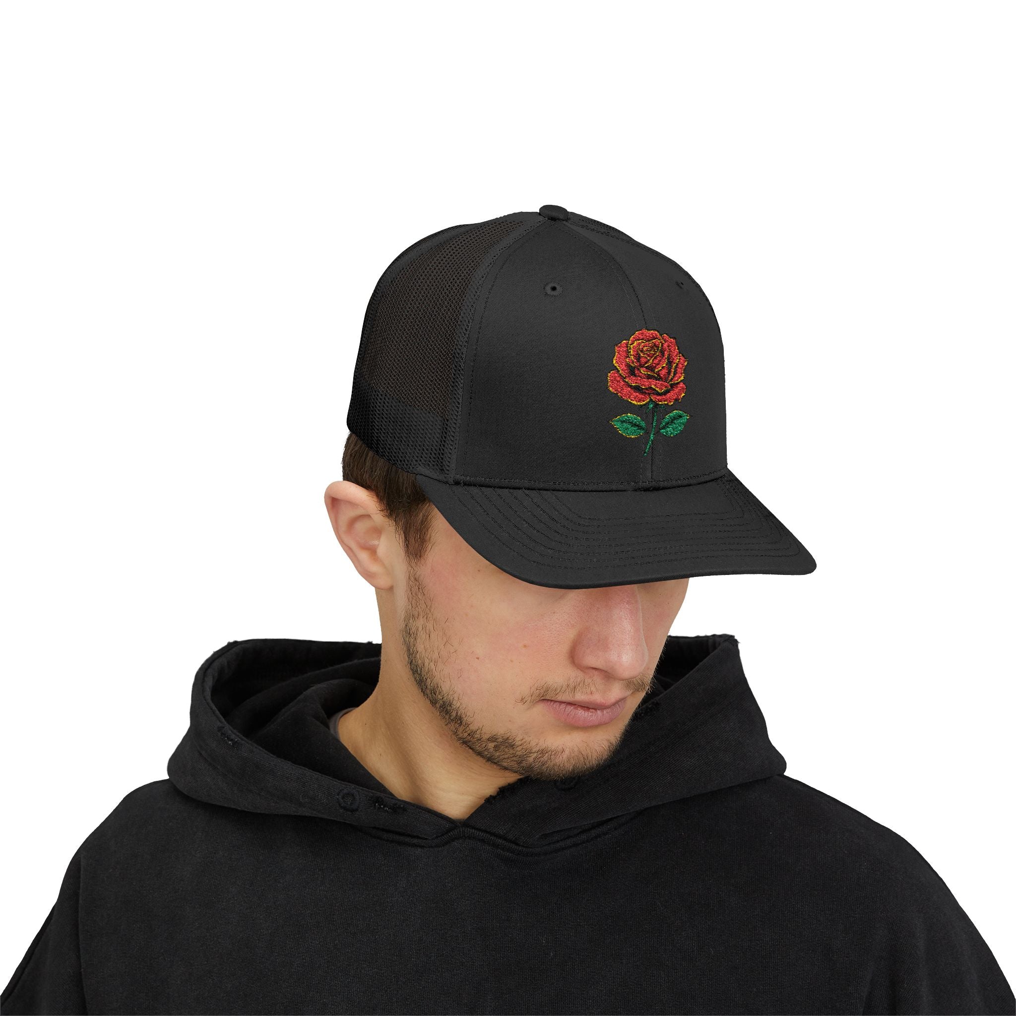 Embroidered Red Rose Trucker Cap