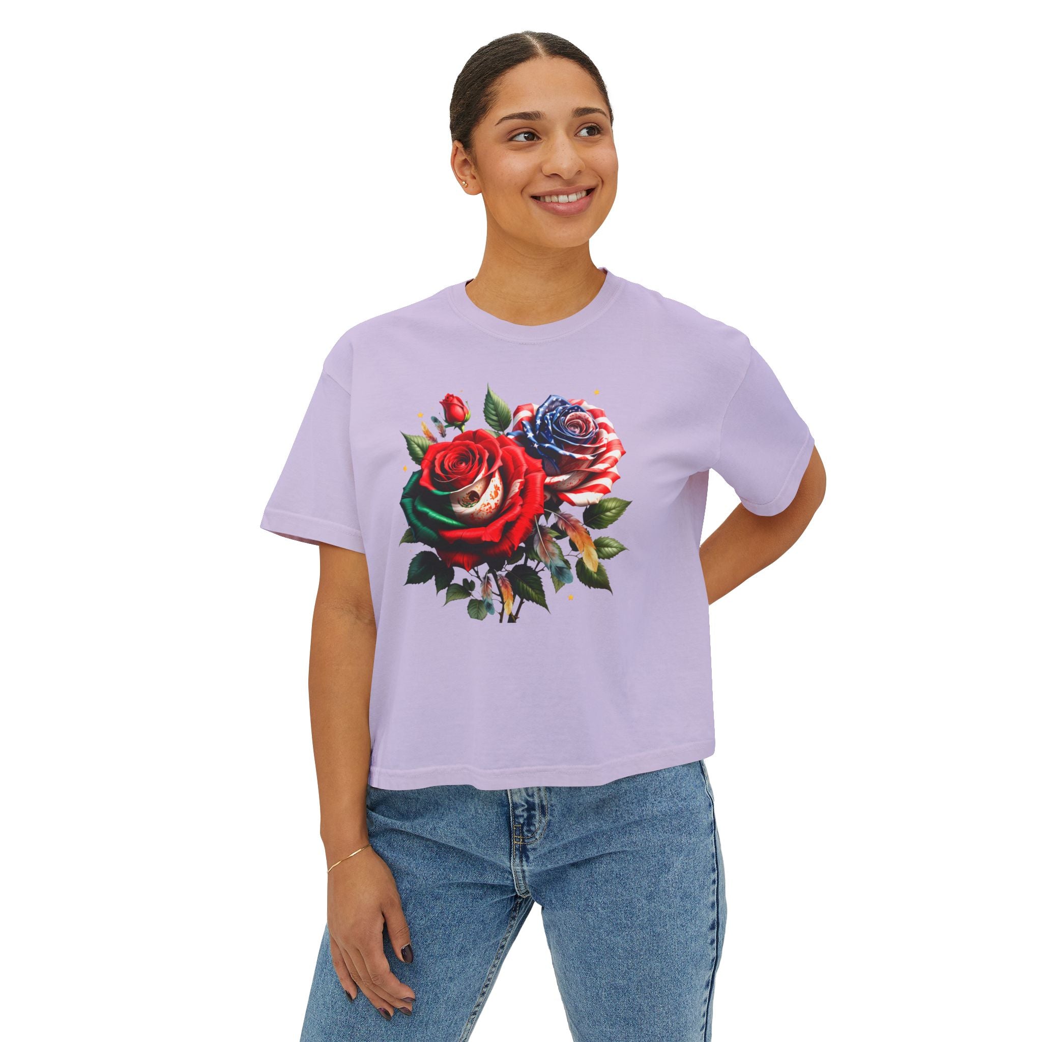Women’s Boxy Tee — Vintage Red & Blue Rose Floral Graphic