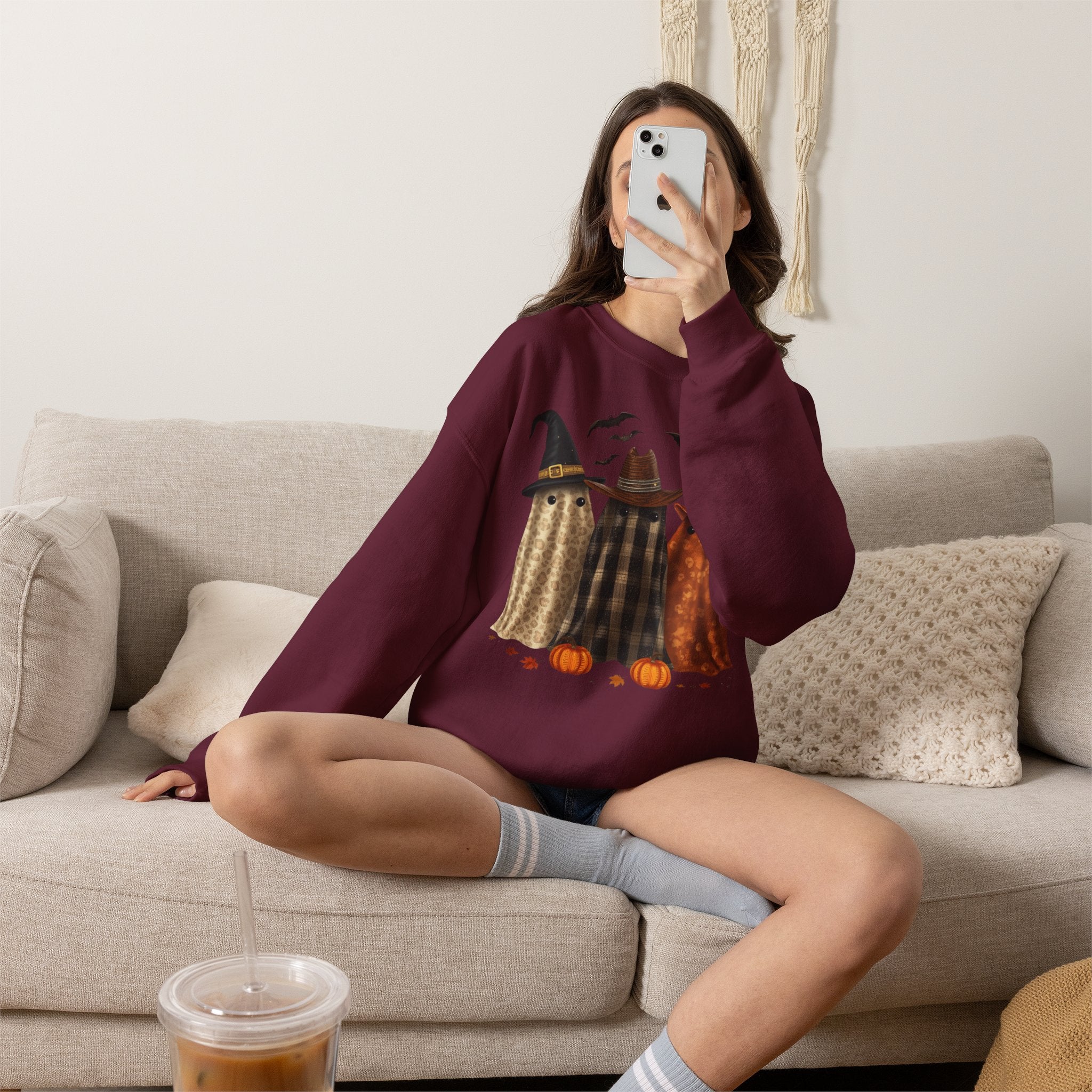 Halloween Witch Ghosts Crewneck Sweatshirt — Cozy Pumpkin & Bats Fall Graphic