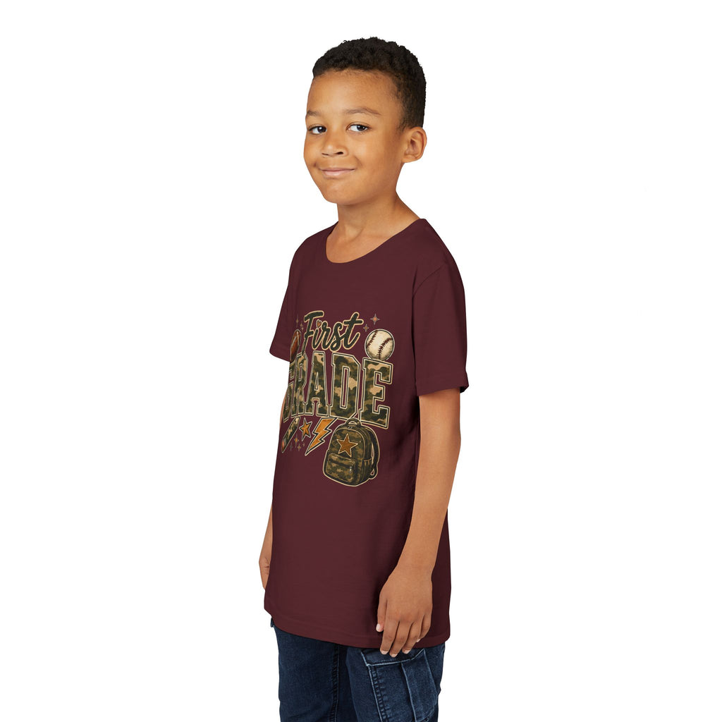 First Grade Kids T‑Shirt — Back to School Sports Backpack Design
