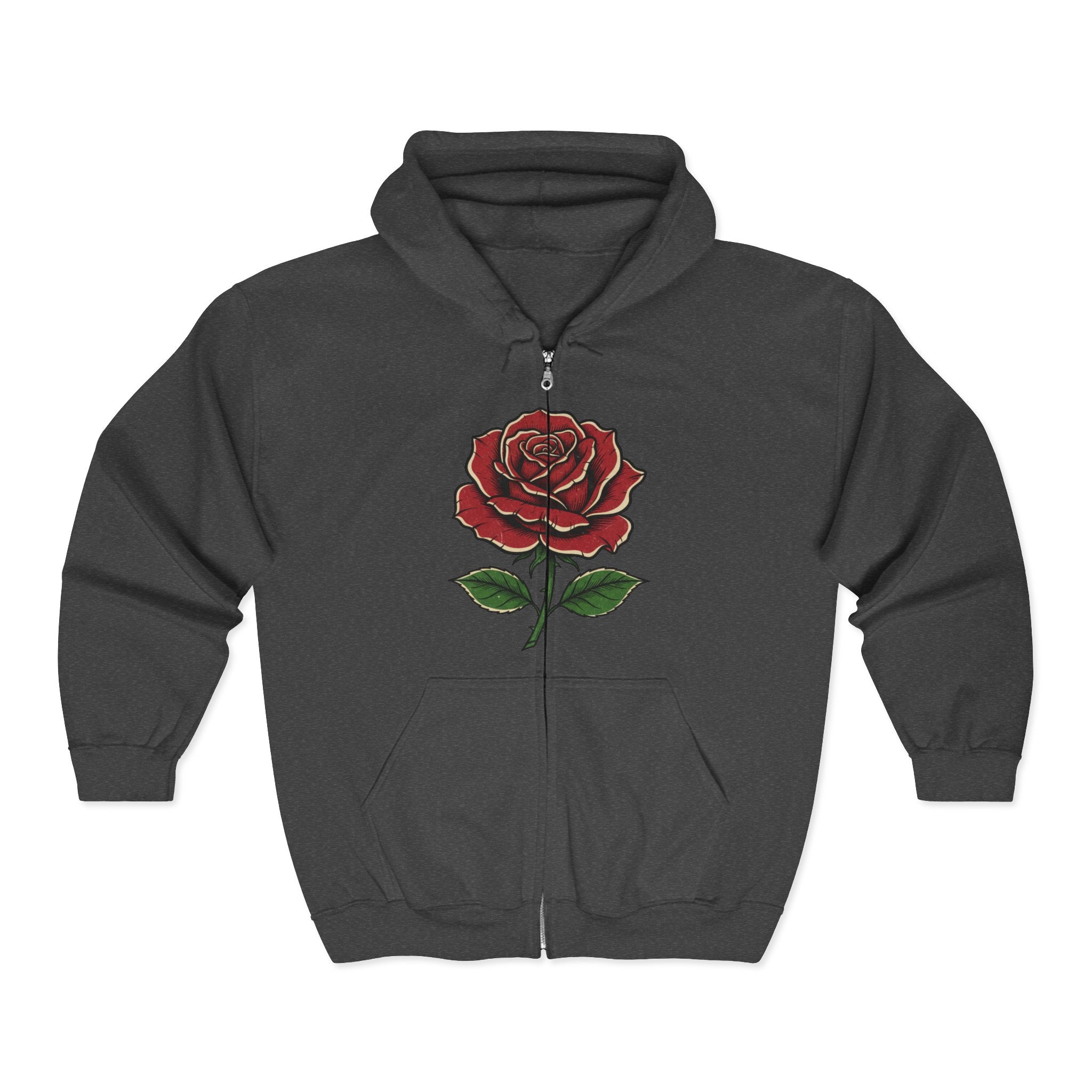 Red Rose Zip Hoodie — Vintage Floral Full-Zip Sweatshirt