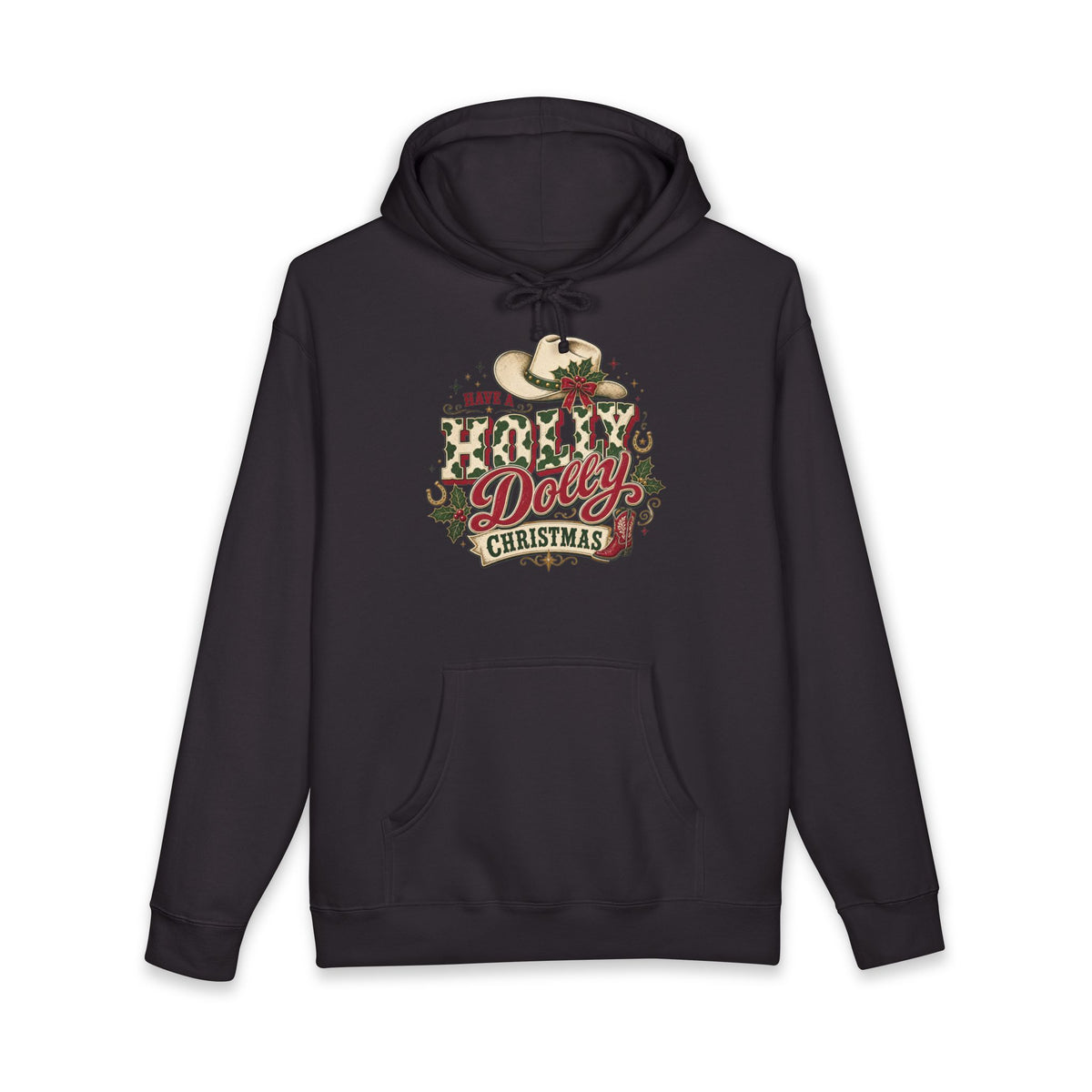 Christmas Cow Hoodie – Cute Highland Cow with Festive Lights & 'Merry Dolly Christmas' Design