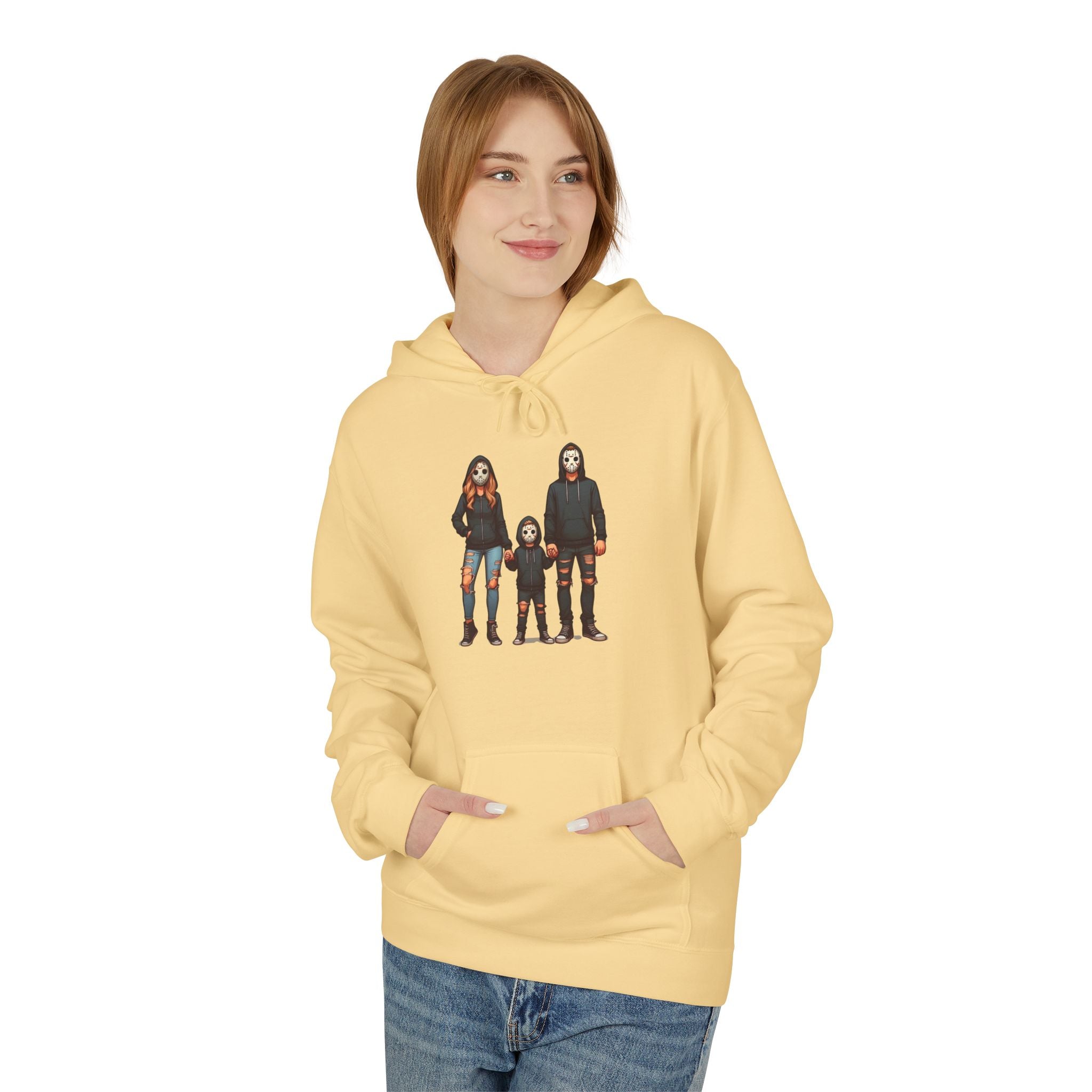 Horror Trio Graphic Hoodie — Creepy Doll & Twins Illustration