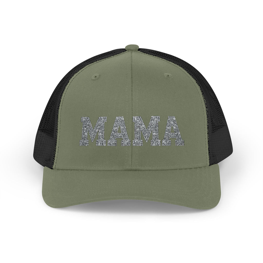 Mama Snapback Trucker Cap — Glitter Script "MAMA" Mesh Back Hat for Moms, Mother's Day Gift