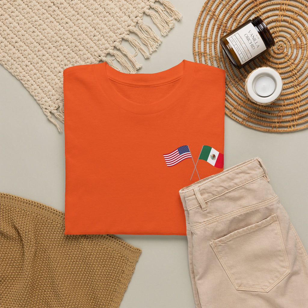 American & Italian Flag Tee with Vintage Rose Back — Patriotic Floral T-Shirt