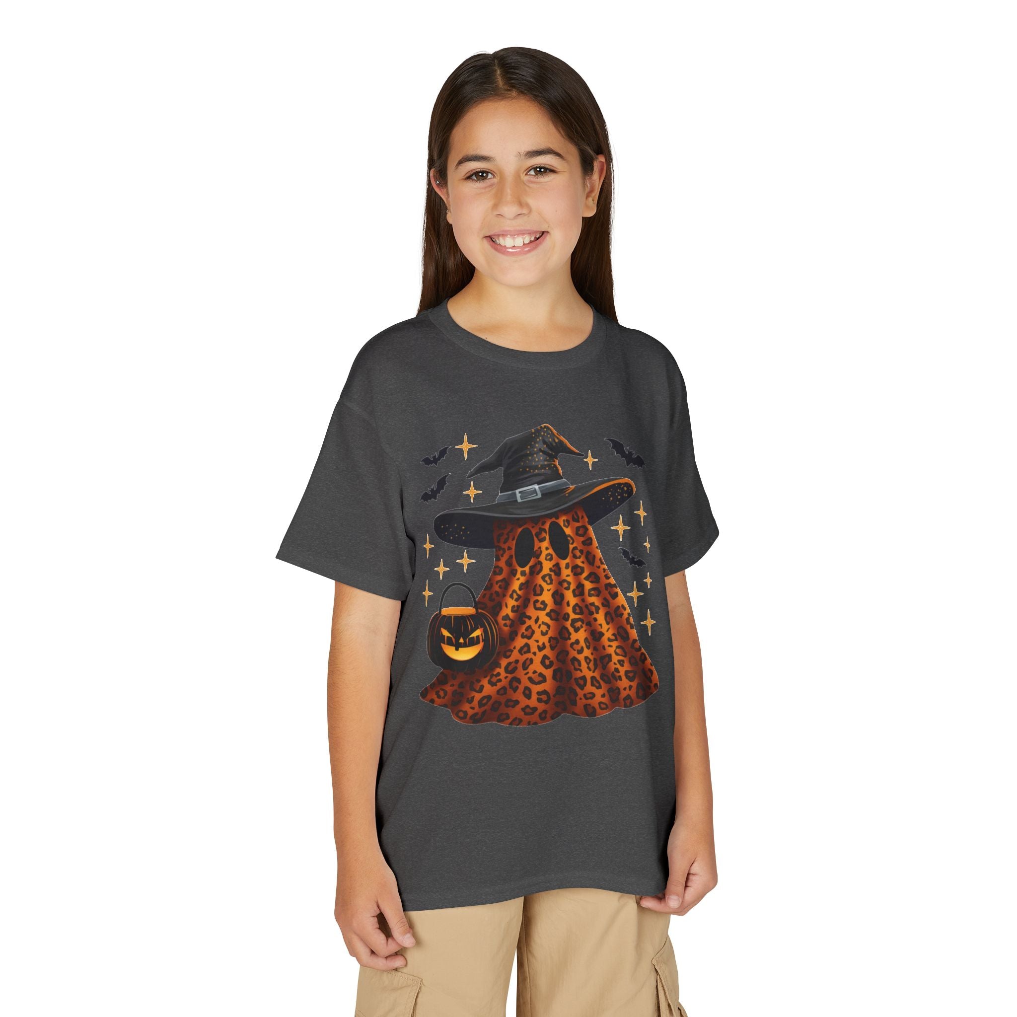 Youth T-Shirt — Leopard Witch Ghost Halloween Tee (Pumpkin Candy Bag, Bats)