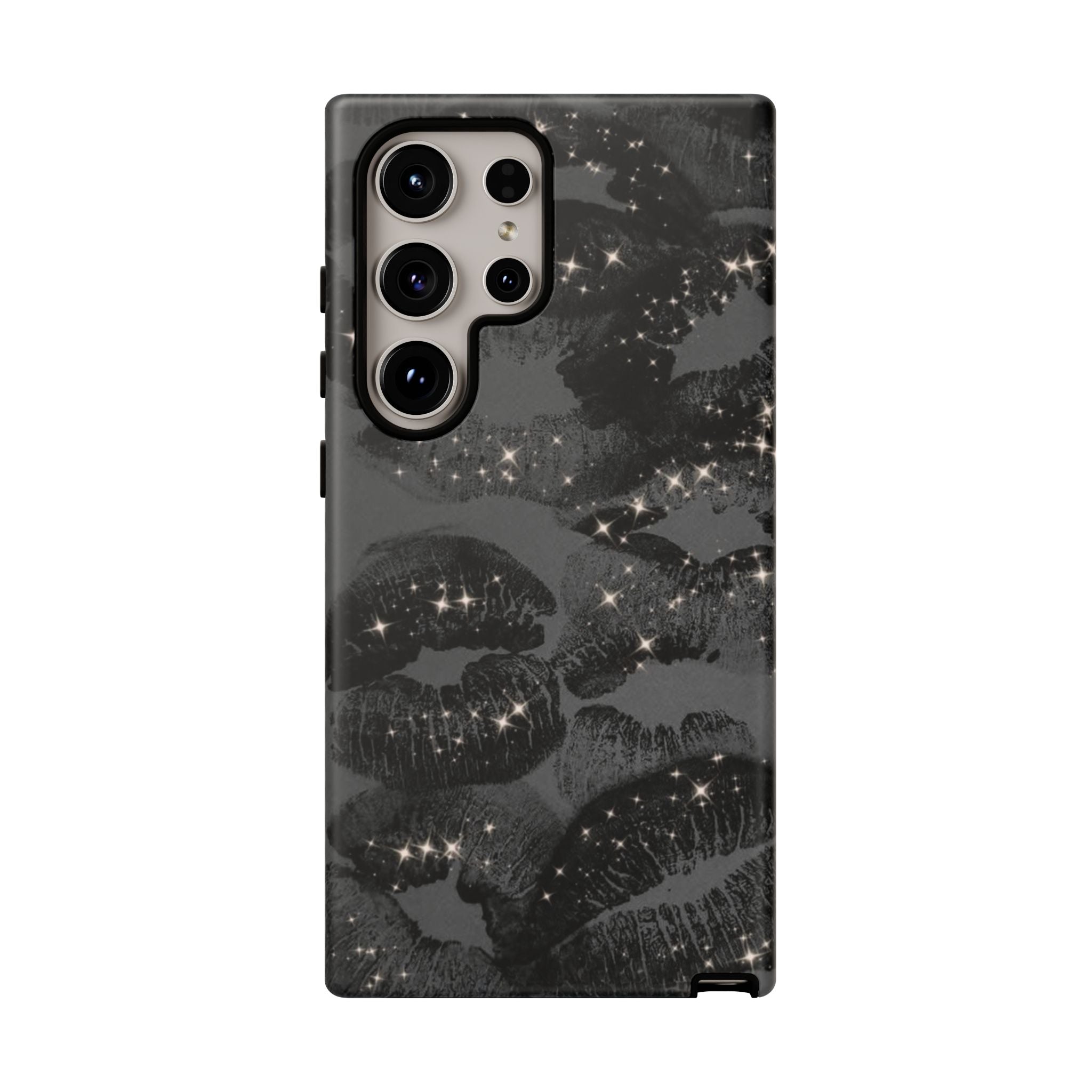 Black Glitter Kiss Phone Case — Sparkling Lip Print Protective Cover