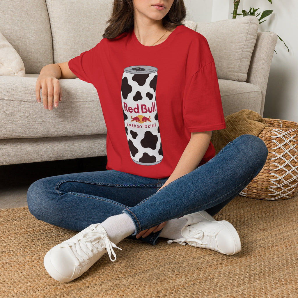 Red Bull Cow Print T-Shirt — Funny Energy Drink Graphic Tee