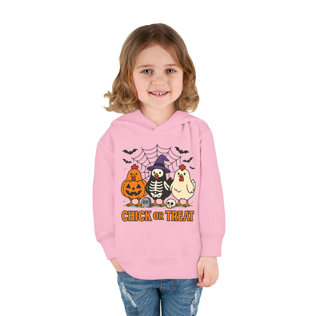 Toddler Halloween Pullover Hoodie – "Chick or Treat" Pumpkin Skeleton Chicken Kids Fleece