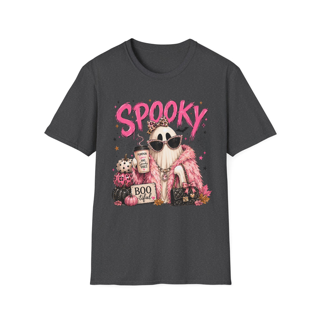 Spooky Glam T-Shirt — Cute Pink Ghost with Sunglasses & Pumpkin Latte