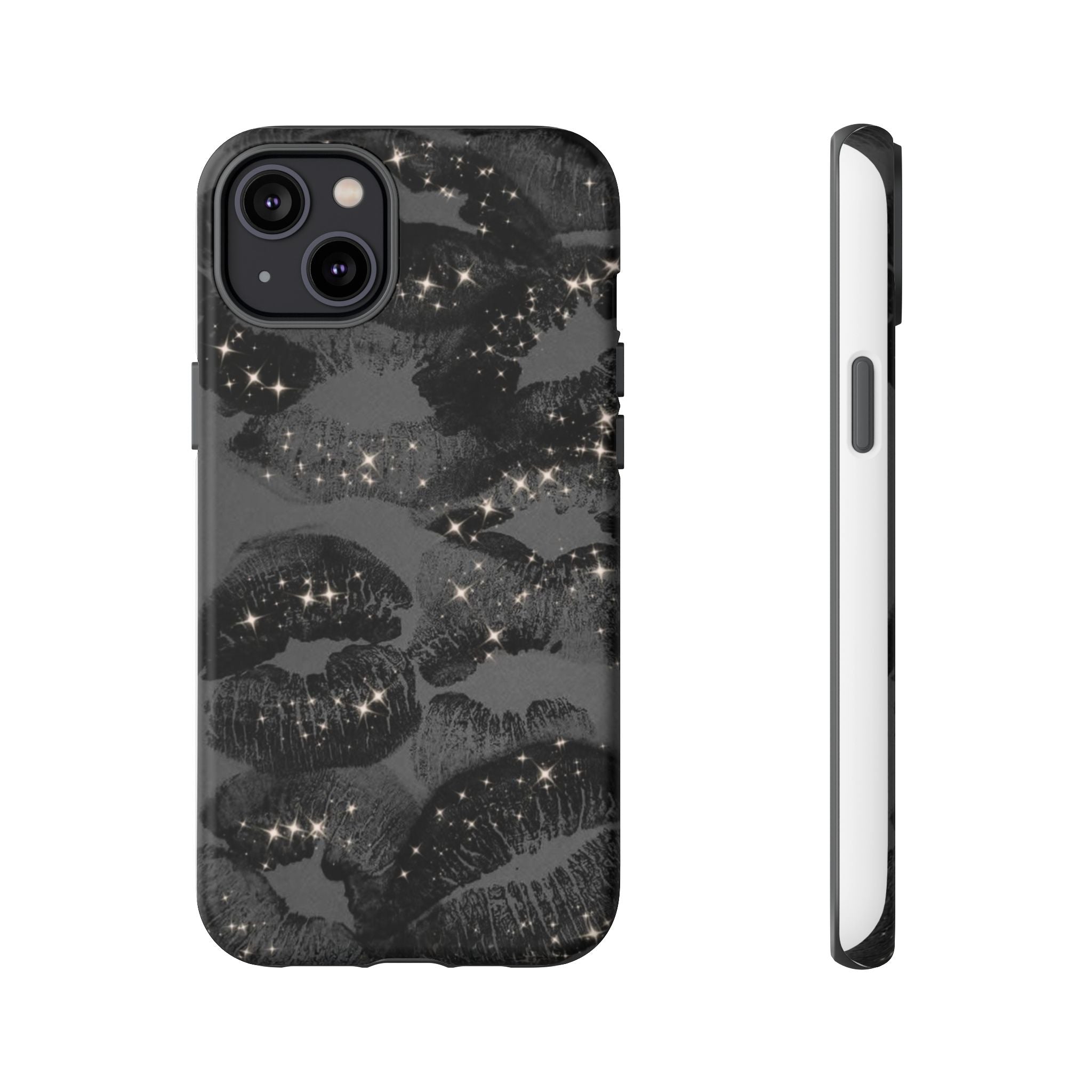 Black Glitter Kiss Phone Case — Sparkling Lip Print Protective Cover