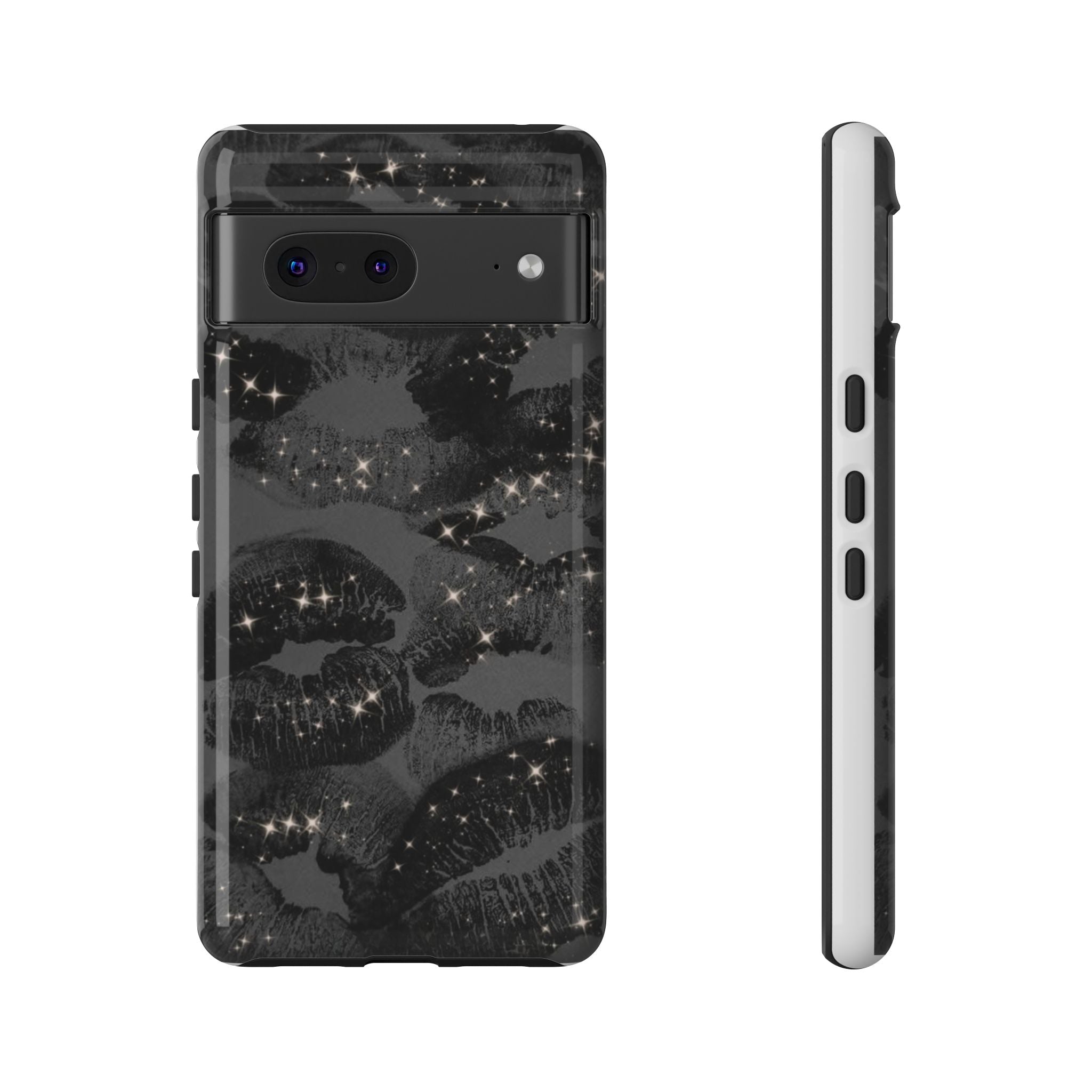 Black Glitter Kiss Phone Case — Sparkling Lip Print Protective Cover