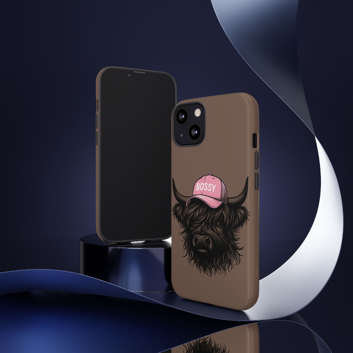 Phone Case — Highland Cow Wearing 'BOSSY' Pink Hat, Cute Farm Animal Protective Cover
