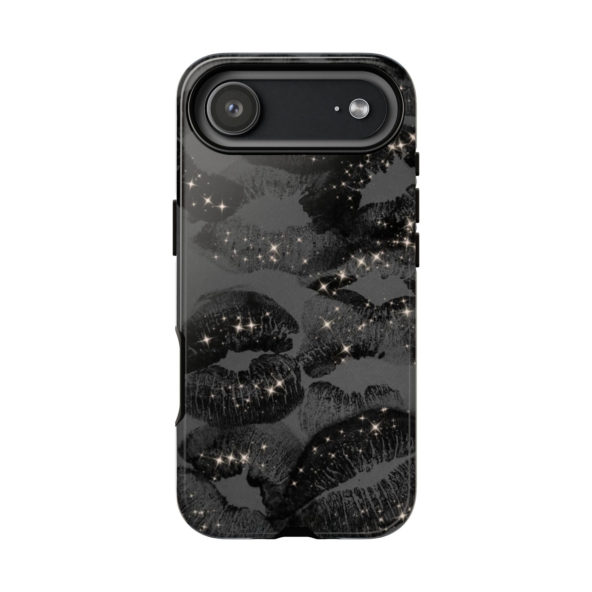 Black Glitter Kiss Phone Case — Sparkling Lip Print Protective Cover