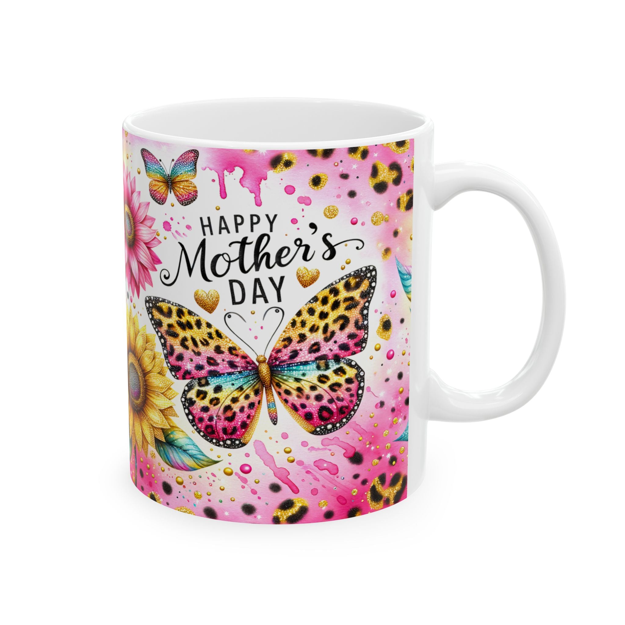 Sunflower & Leopard Print Mother's Day Ceramic Mug — Floral Butterfly Coffee Cup (11oz/15oz)
