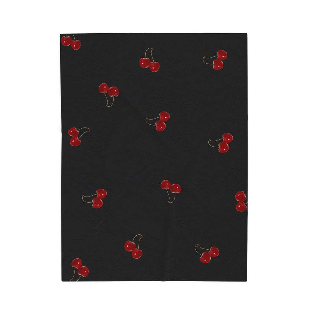 Red Cherry Pattern Velveteen Plush Blanket | Black Background, Cute Fruit Print