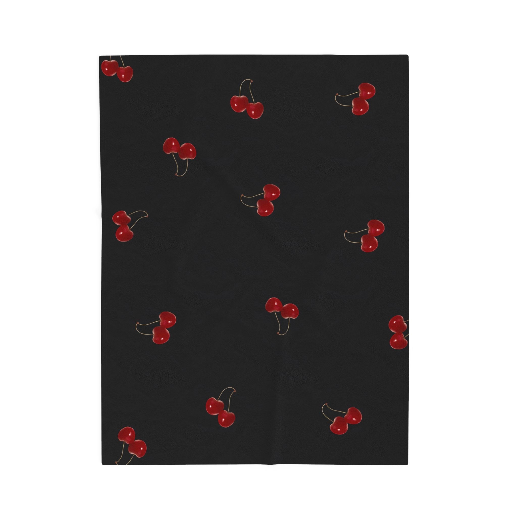 Red Cherry Pattern Velveteen Plush Blanket | Black Background, Cute Fruit Print