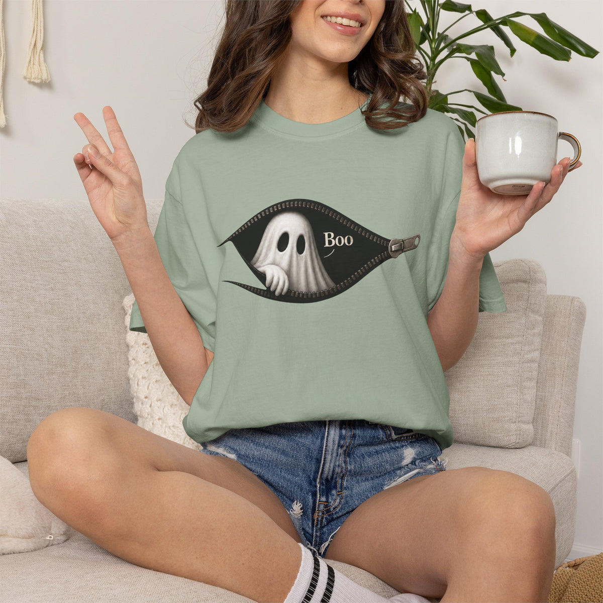 Ghost Peek T-Shirt — "Boo" Zipper Graphic Halloween Tee