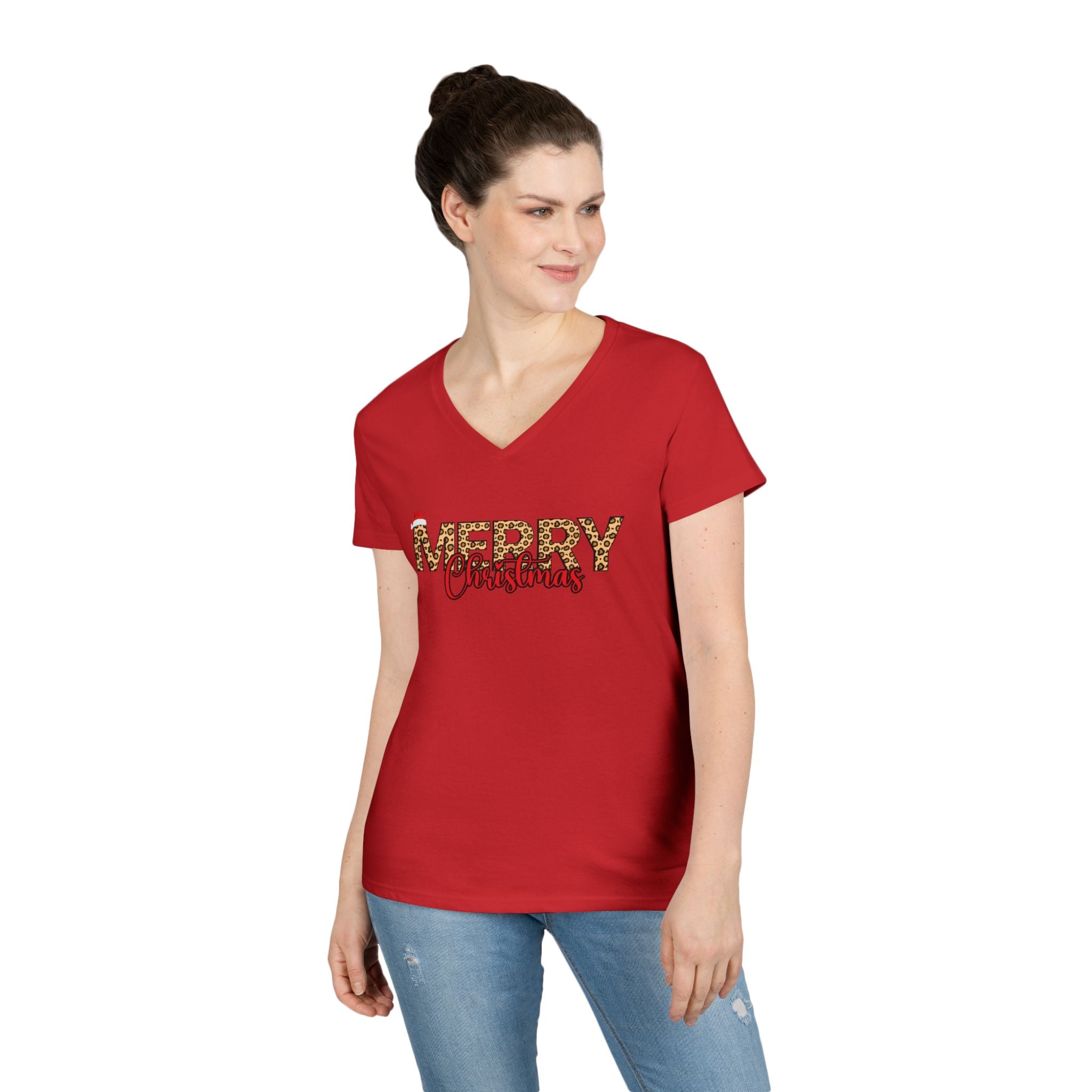 Merry Christmas Leopard Print V-Neck Tee
