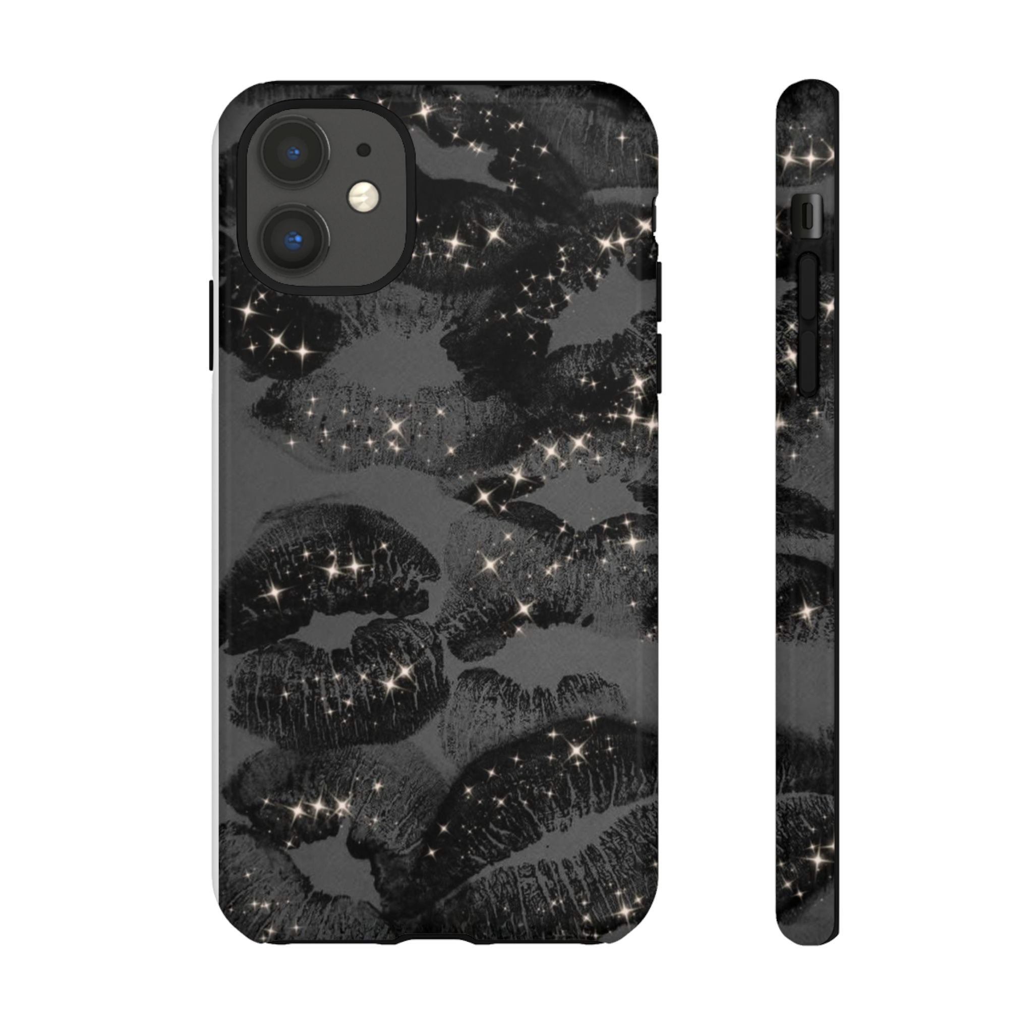 Black Glitter Kiss Phone Case — Sparkling Lip Print Protective Cover