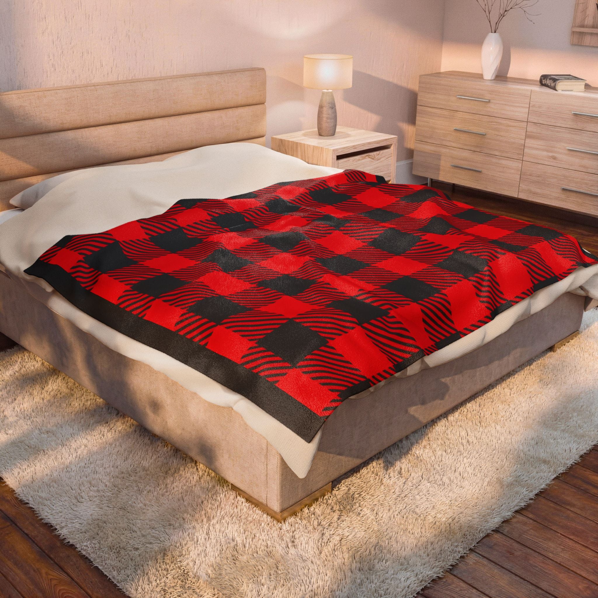 Buffalo Plaid Velveteen Plush Blanket – Red & Black Cozy Throw for Living Room, Cabin, Holiday Gift