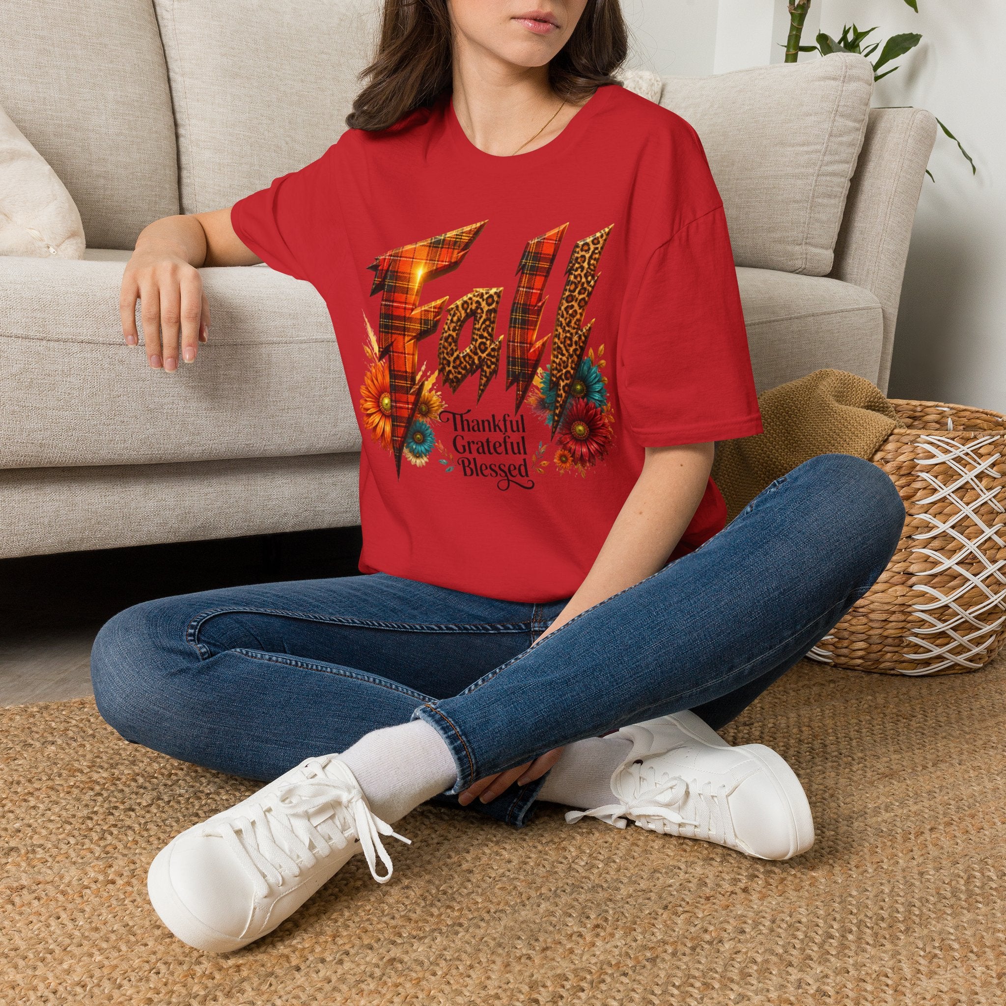 Fall Floral Plaid T-Shirt — "Thankful Grateful Blessed" Autumn Tee