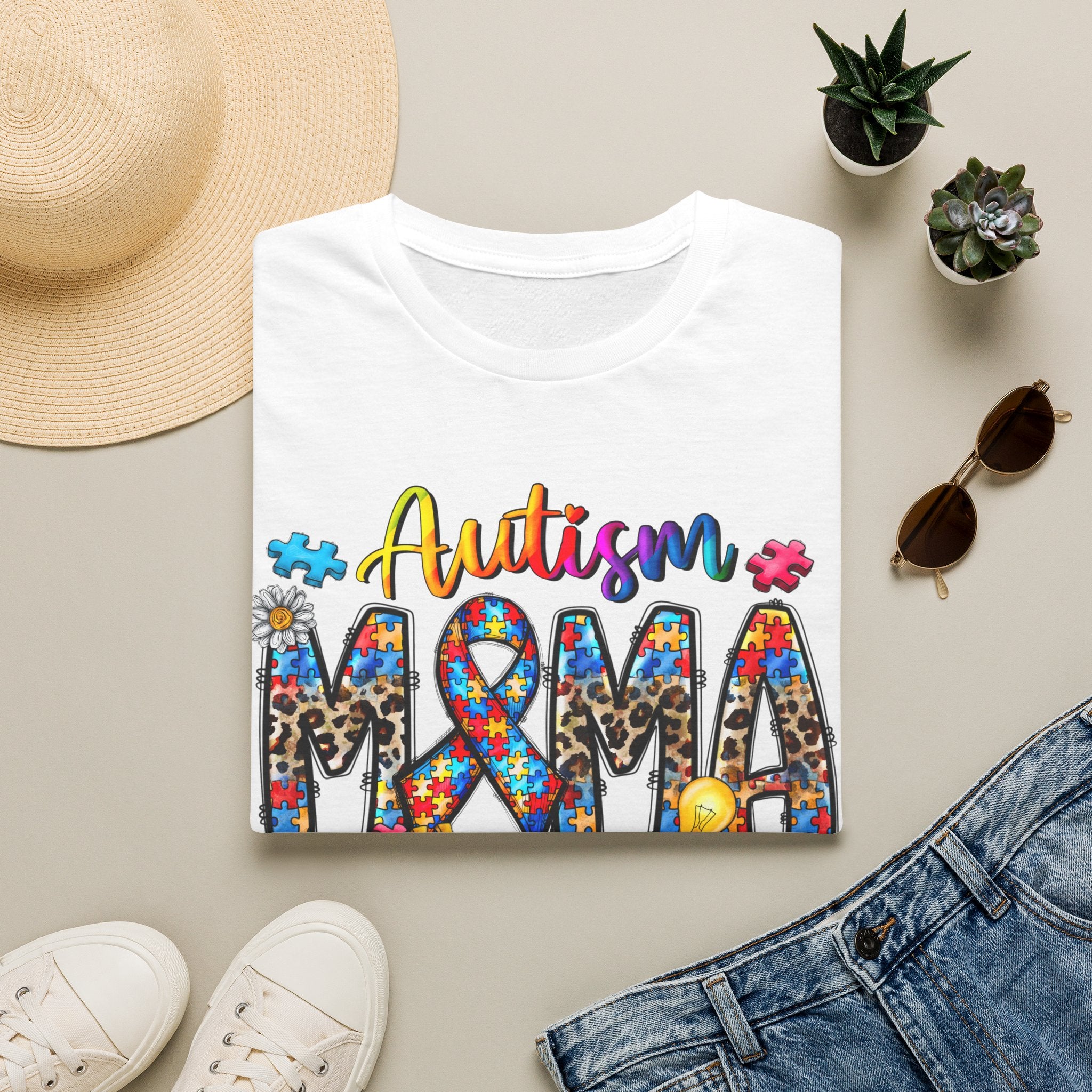 Autism Mama T-Shirt - Colorful Puzzle Ribbon Support Tee