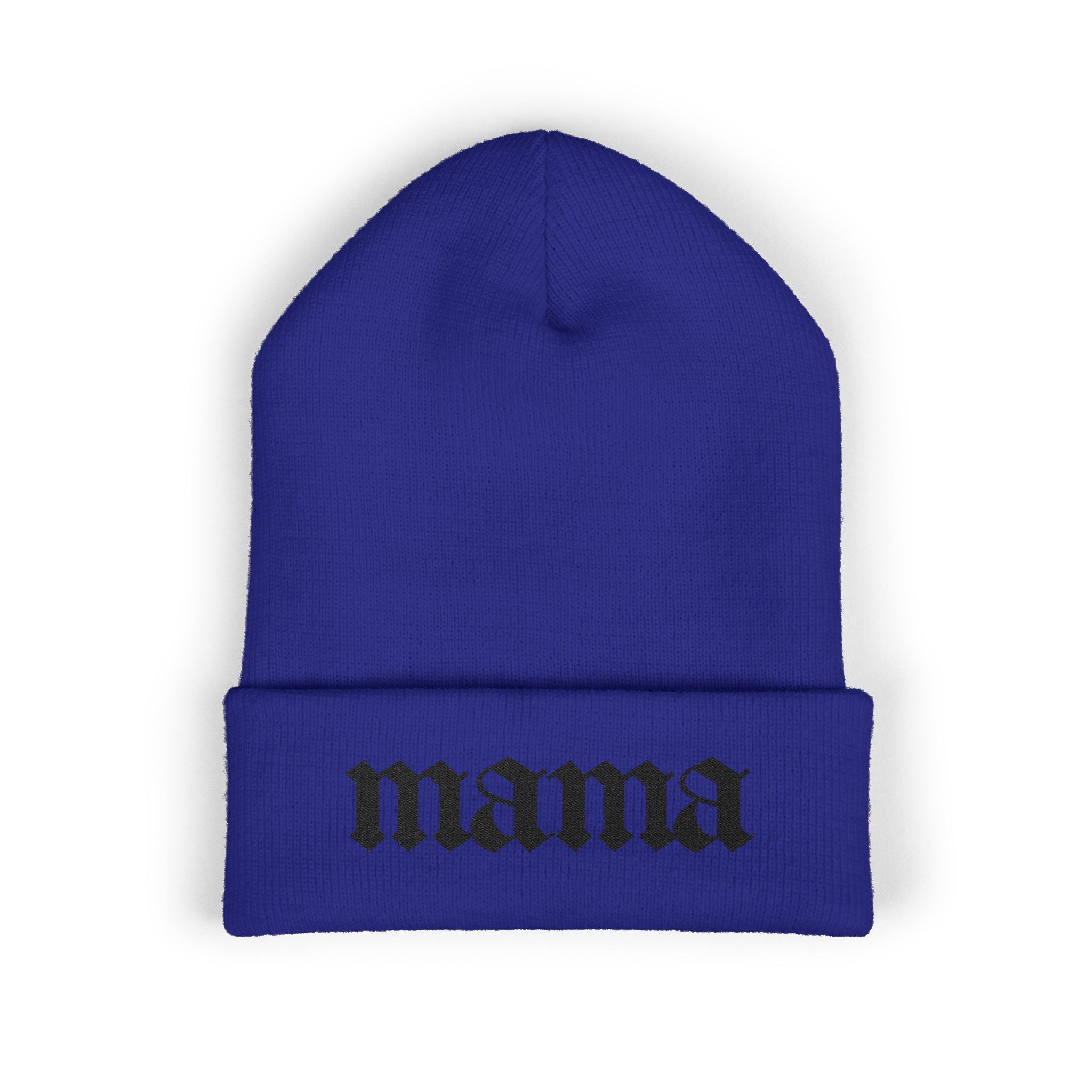 Mama Embroidered Cuffed Beanie — Gothic Script Knit Hat for Moms