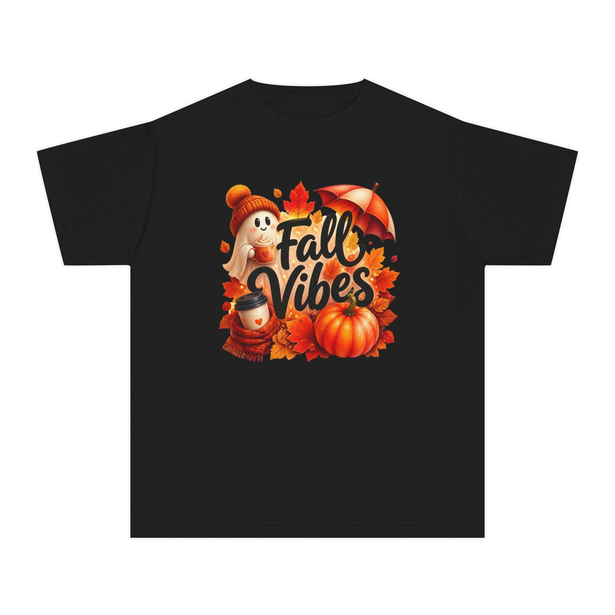Fall Vibes Youth Tee — Cute Pumpkin, Leaves & Scarecrow Autumn Shirt