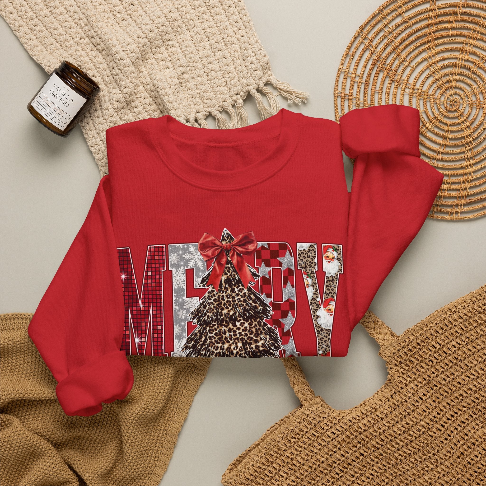 Merry Christmas Crewneck Sweatshirt — Festive Tree & Bow Holiday Sweatshirt