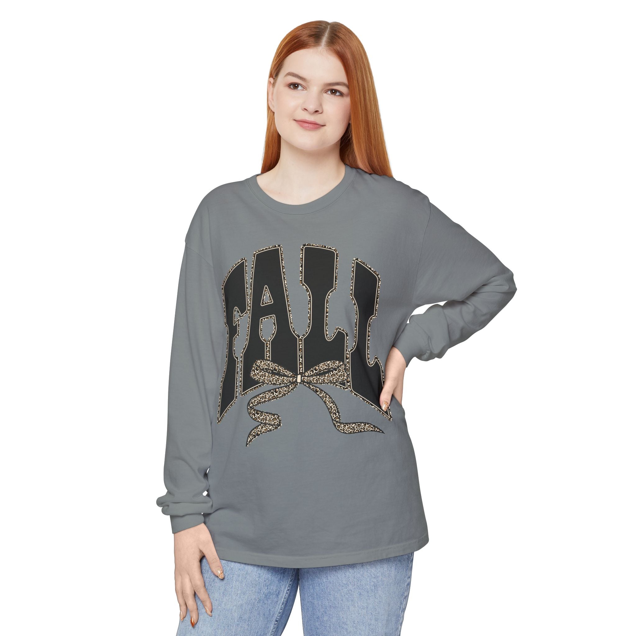 Fall Bow Long Sleeve Tee — 'FALL' Graphic Garment-Dyed Shirt