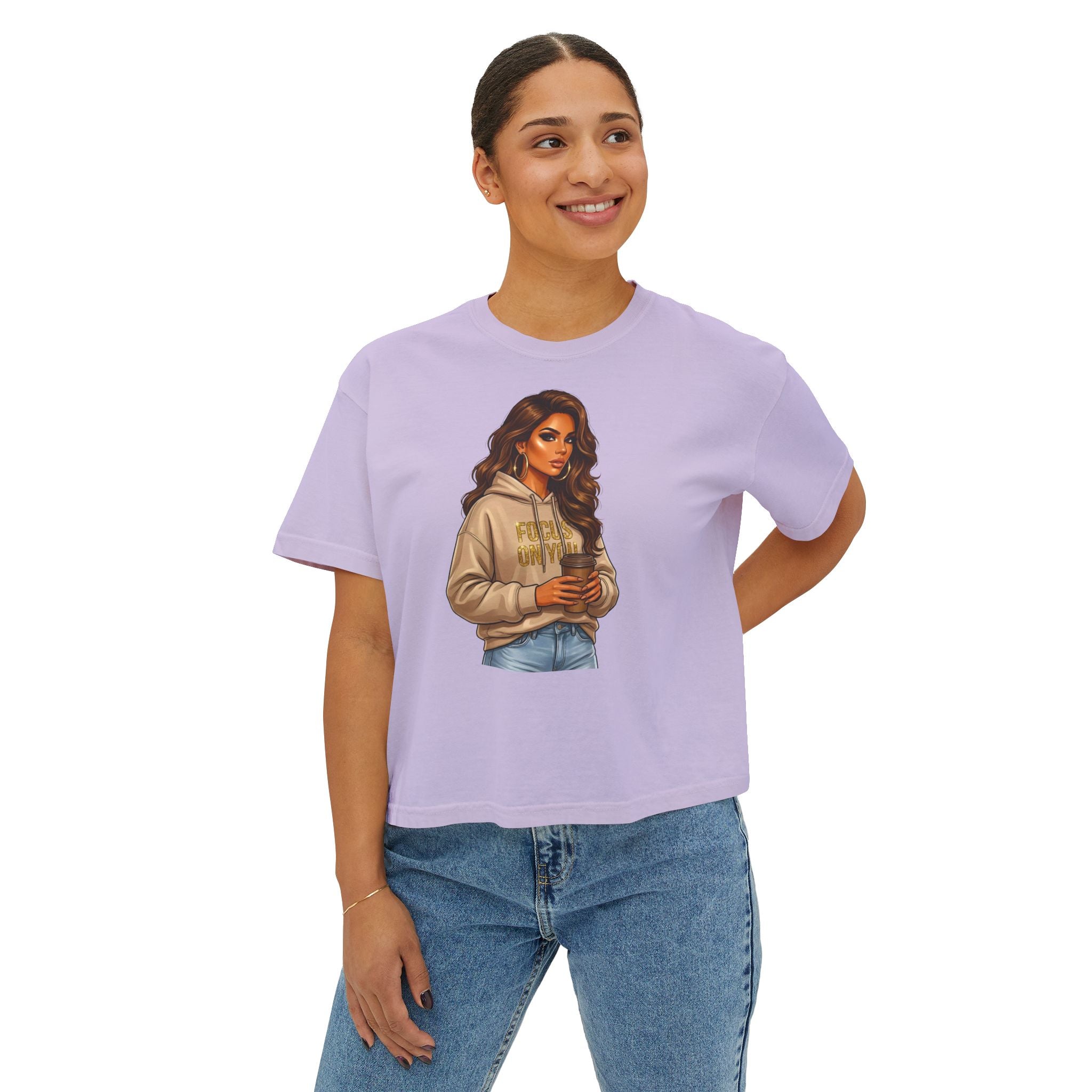 Women's Boxy Tee — Cozy Coffee Girl Graphic Crop T-Shirt