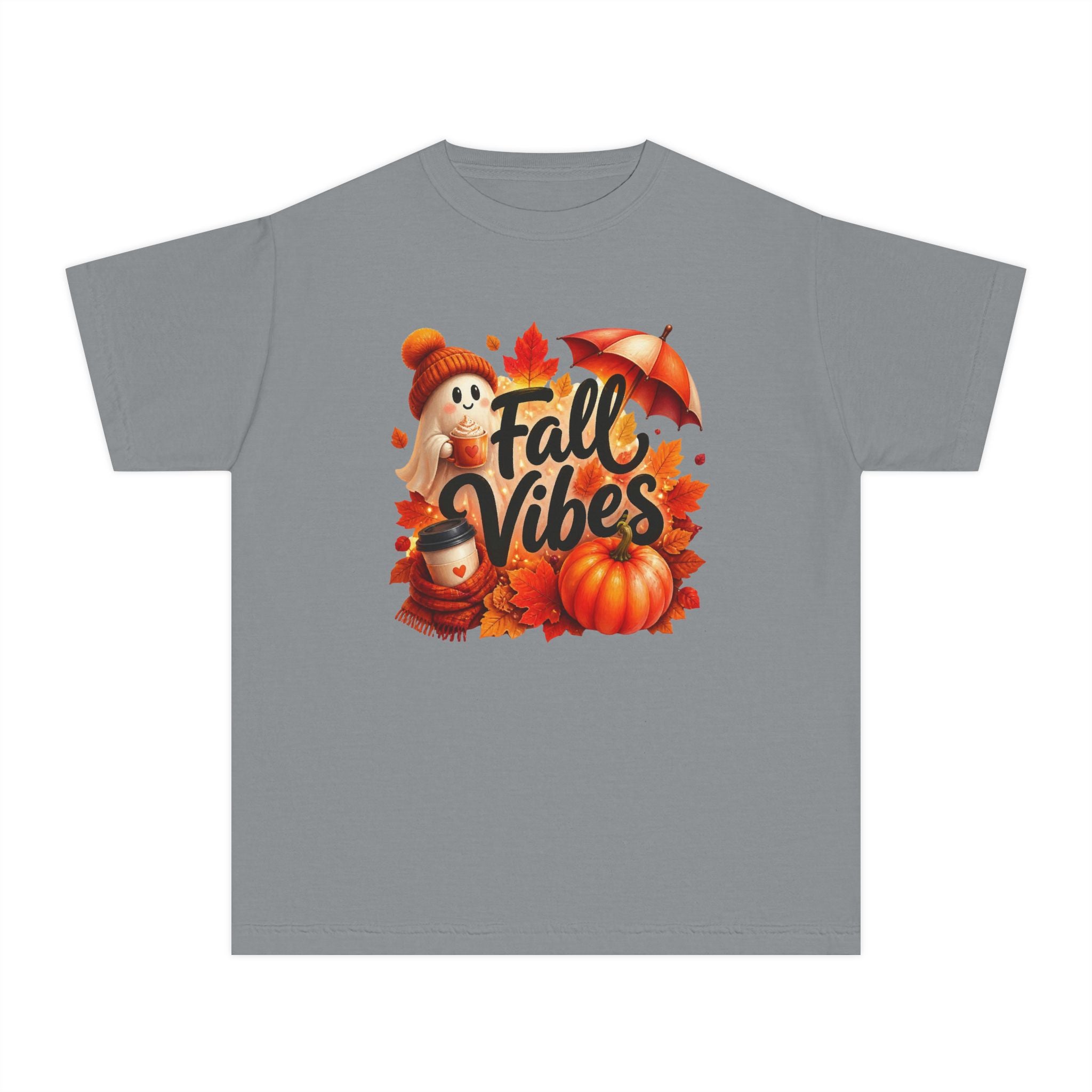 Fall Vibes Youth Tee — Cute Pumpkin, Leaves & Scarecrow Autumn Shirt