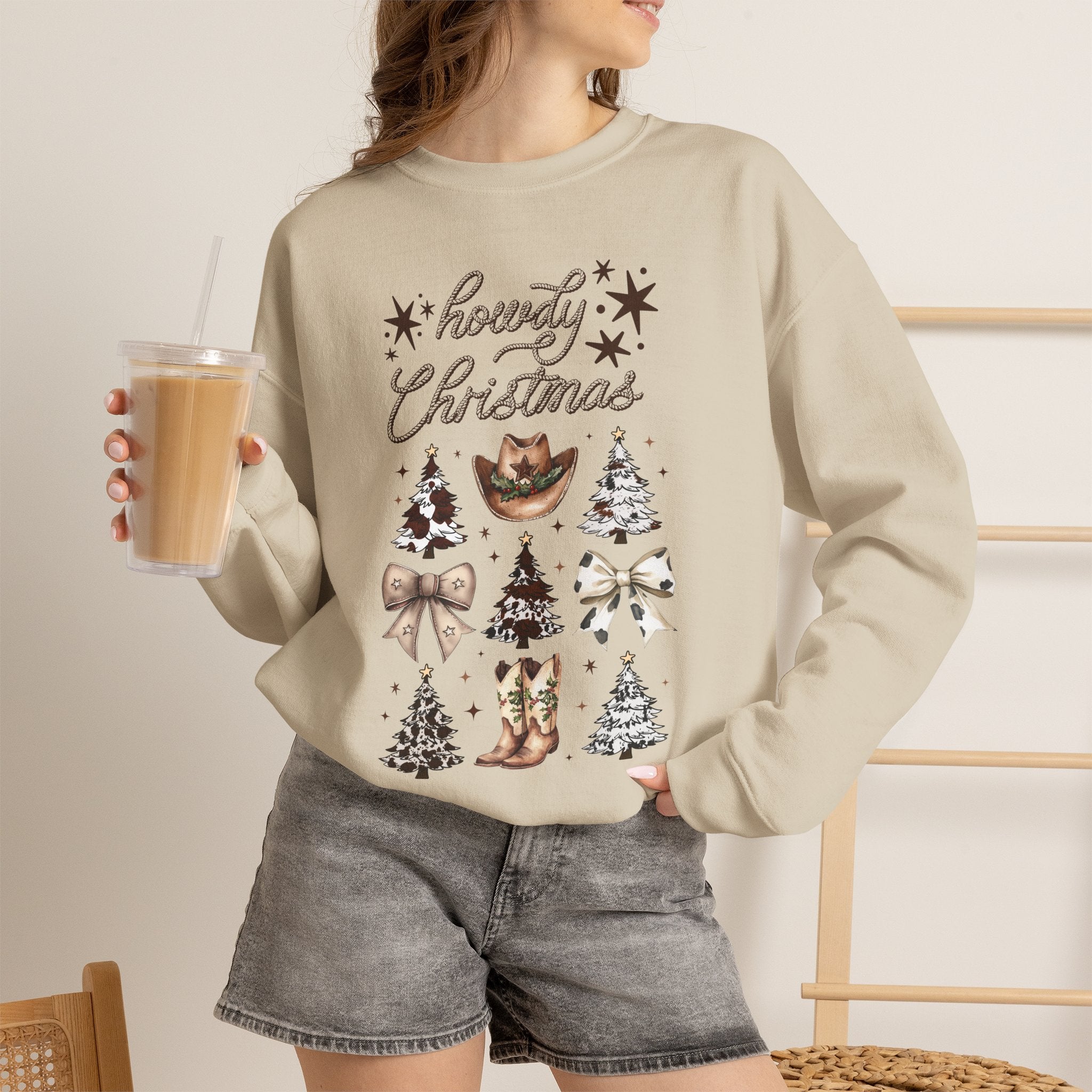 Howdy Christmas Sweatshirt — Western Cowboy Holiday Crewneck with Boots & Trees