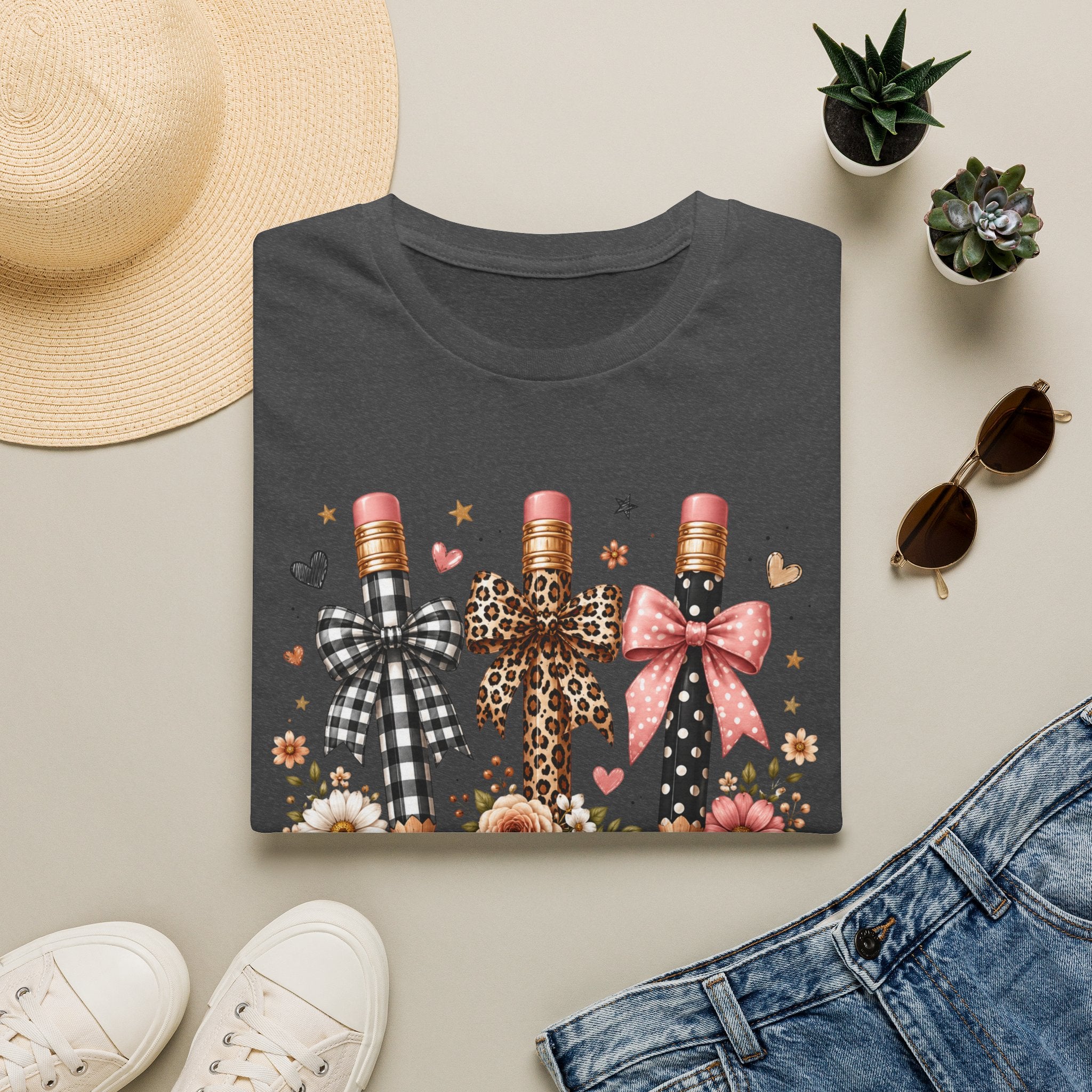 Teacher Pencil Bows T-Shirt — Cute Floral Teacher Appreciation Tee