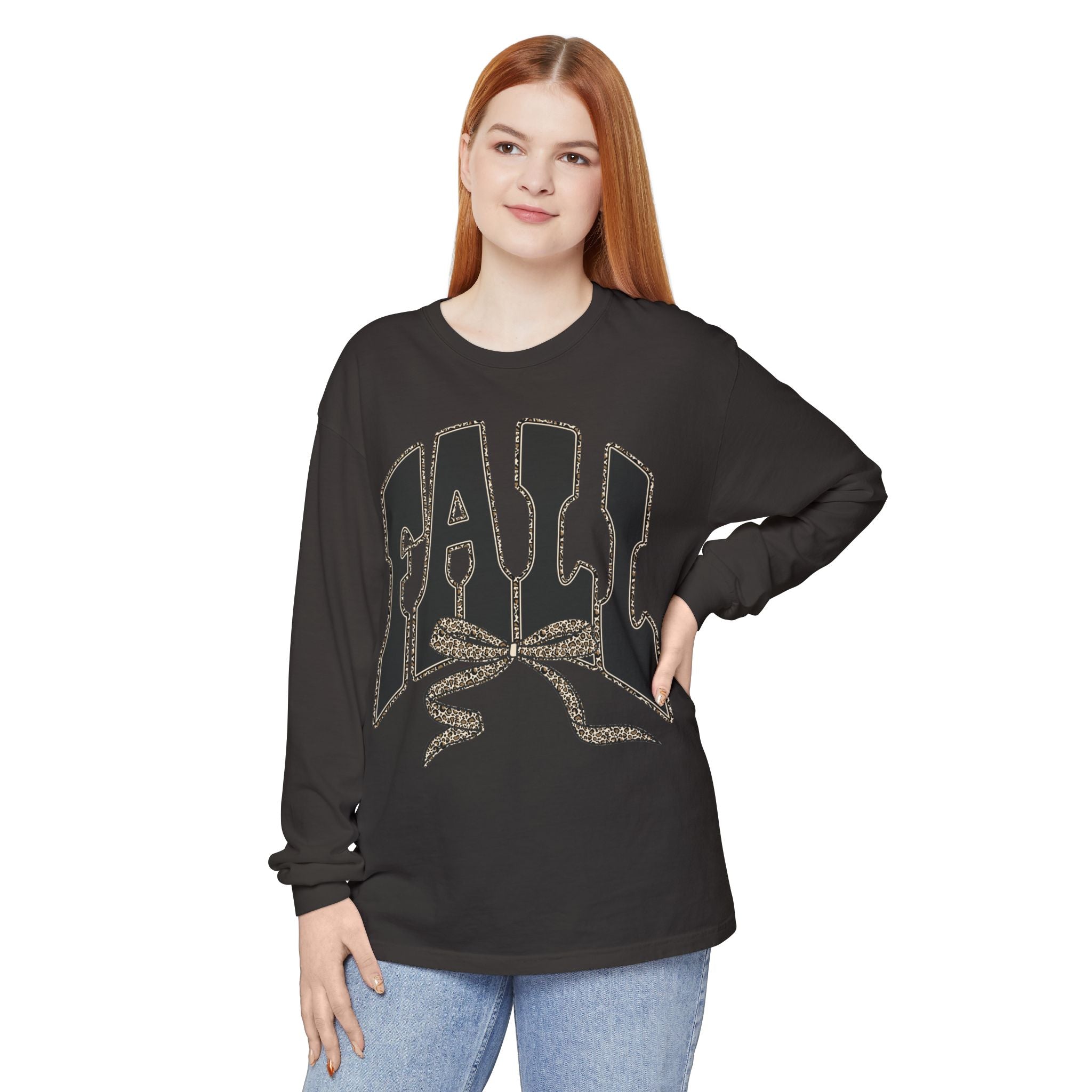 Fall Bow Long Sleeve Tee — 'FALL' Graphic Garment-Dyed Shirt