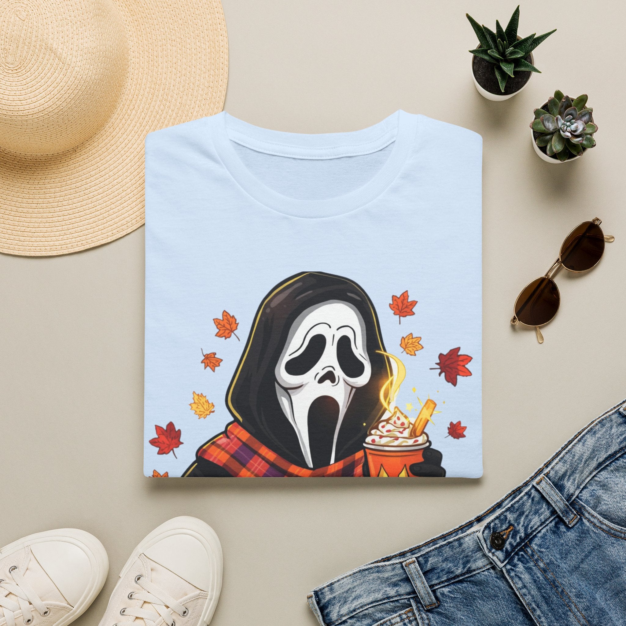 Halloween Scream Mask T‑Shirt — Cozy Fall Pumpkin & Hot Cocoa Graphic Tee