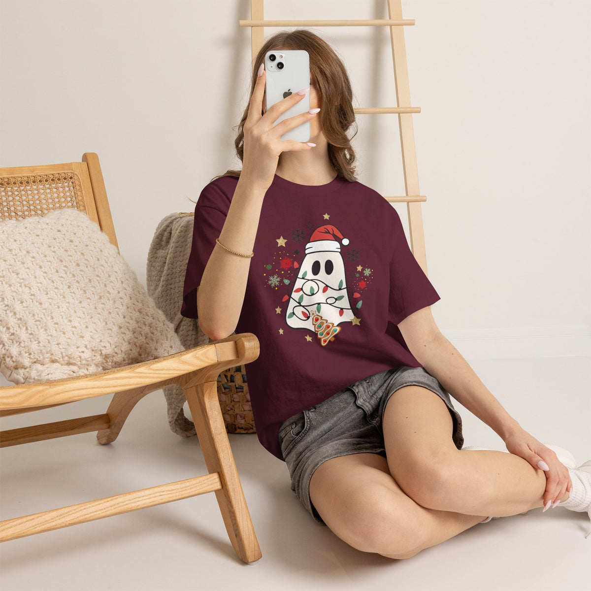 Christmas Ghost T-Shirt — Cute Haunted Holiday Tee with Santa Hat & Lights