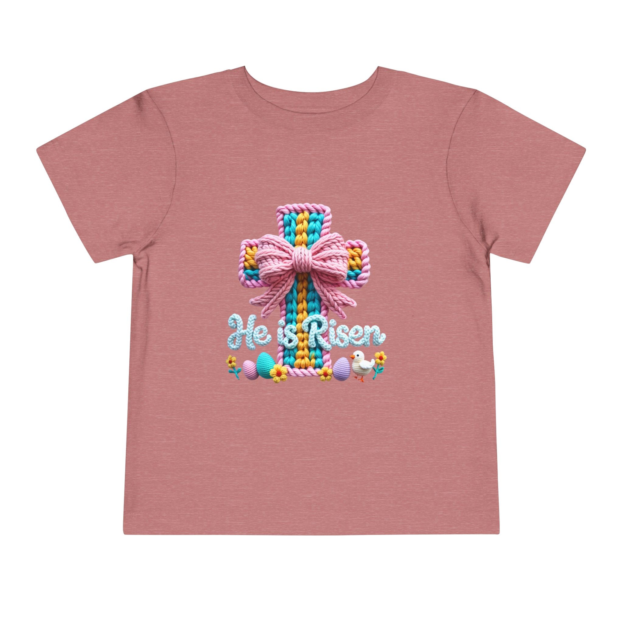 Easter Cross Toddler Tee — Colorful Knit Cross with "He is Risen" & Easter Eggs
