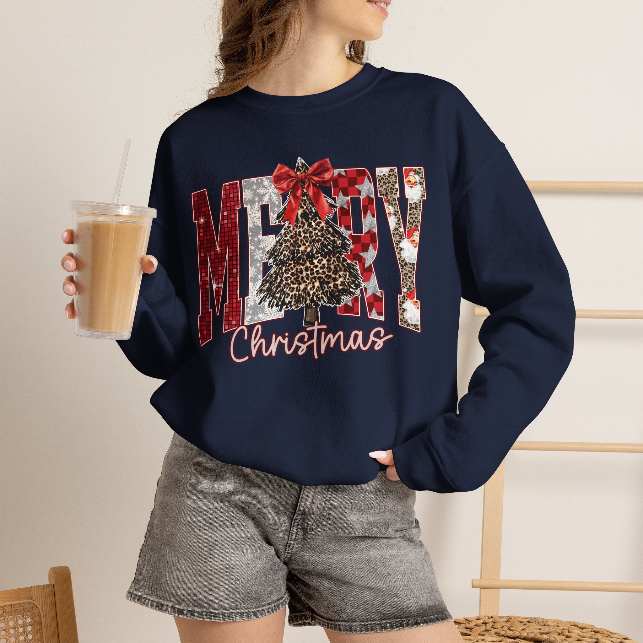 Merry Christmas Crewneck Sweatshirt — Festive Tree & Bow Holiday Sweatshirt