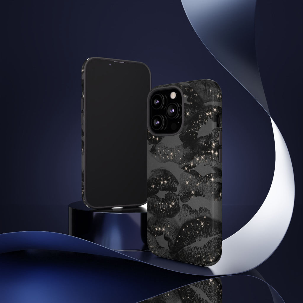 Black Glitter Kiss Phone Case — Sparkling Lip Print Protective Cover