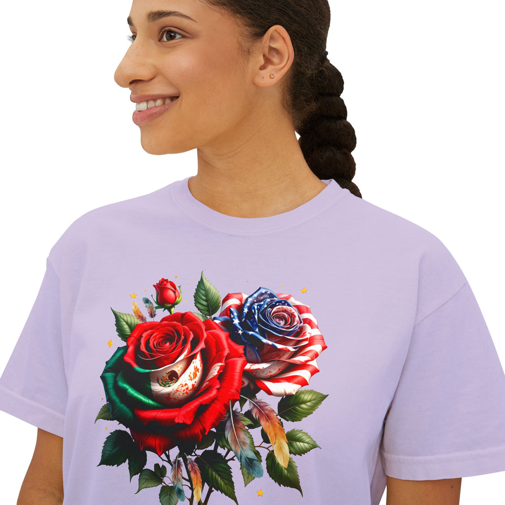 Women’s Boxy Tee — Vintage Red & Blue Rose Floral Graphic