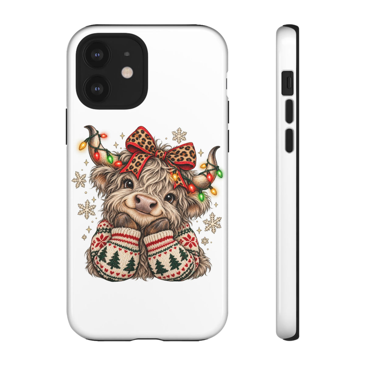 Holiday Highland Cow Phone Case – Festive Lights & Cozy Sweater Design